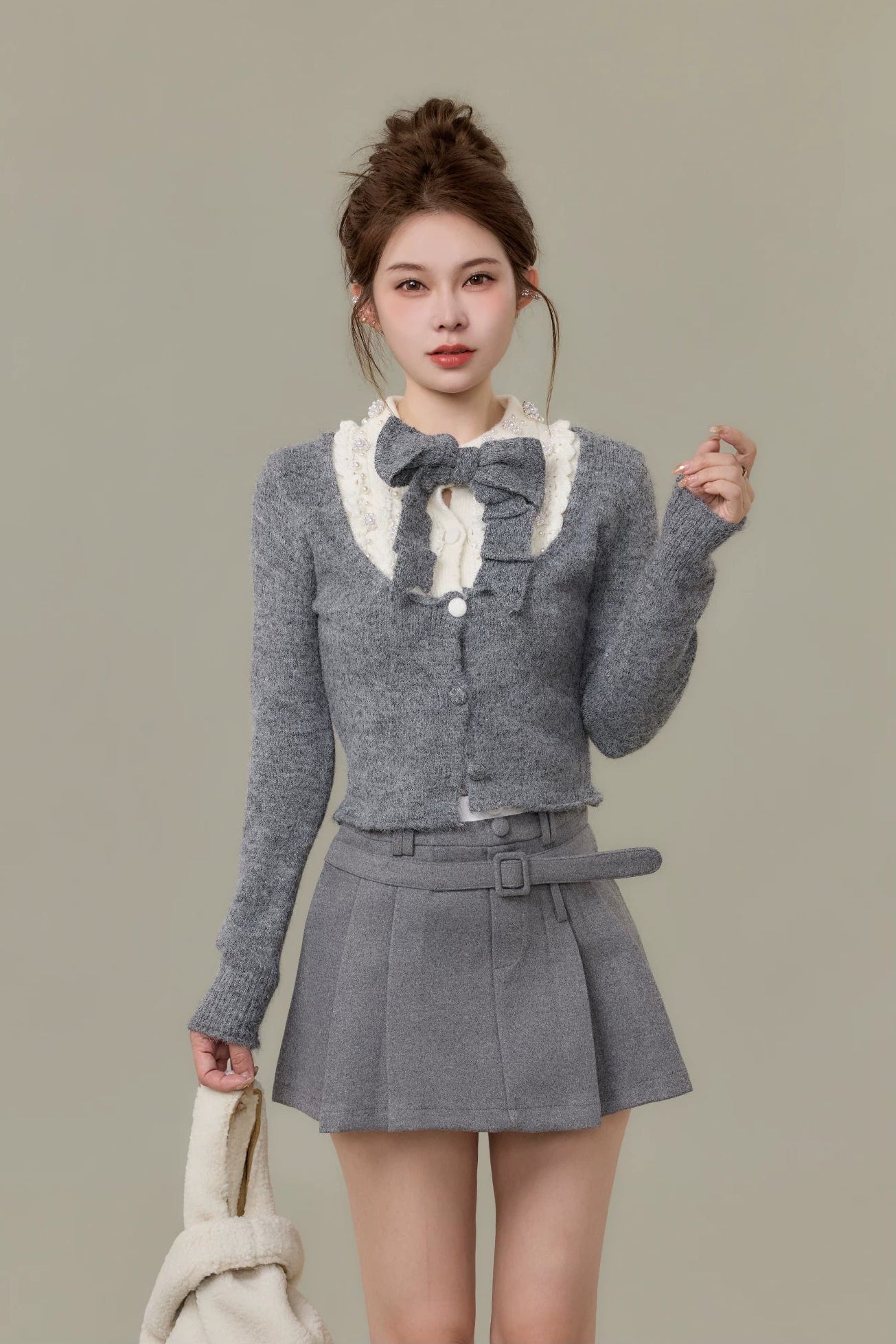 ribbon tie lace collar knit cardigan set DL1510