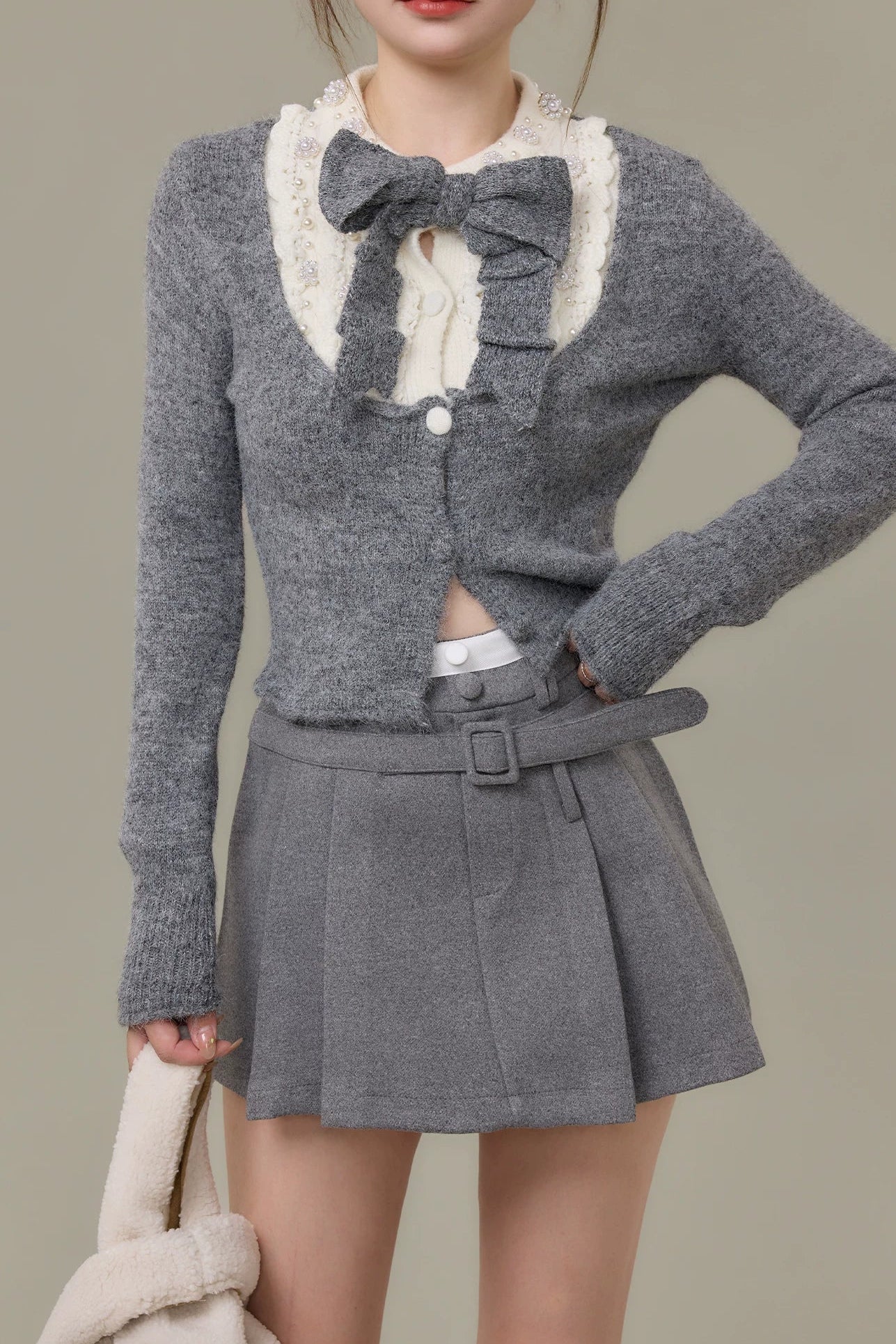 ribbon tie lace collar knit cardigan set DL1510