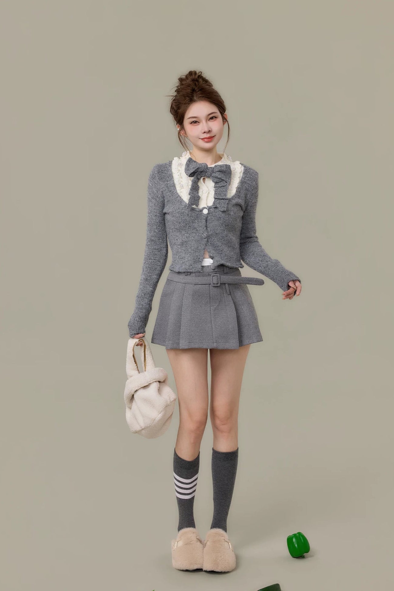 ribbon tie lace collar knit cardigan set DL1510