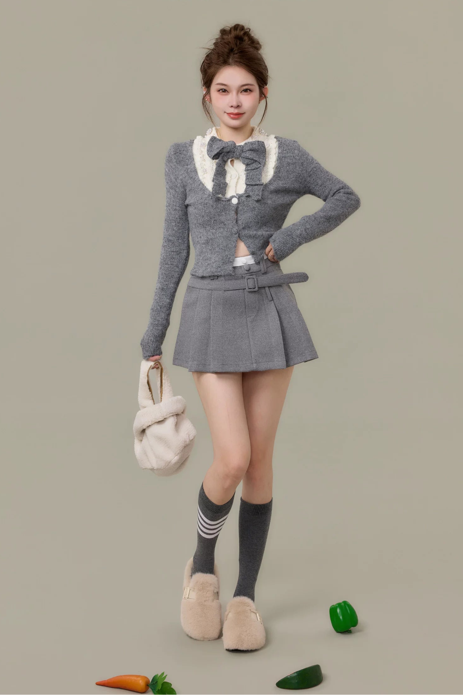 ribbon tie lace collar knit cardigan set DL1510