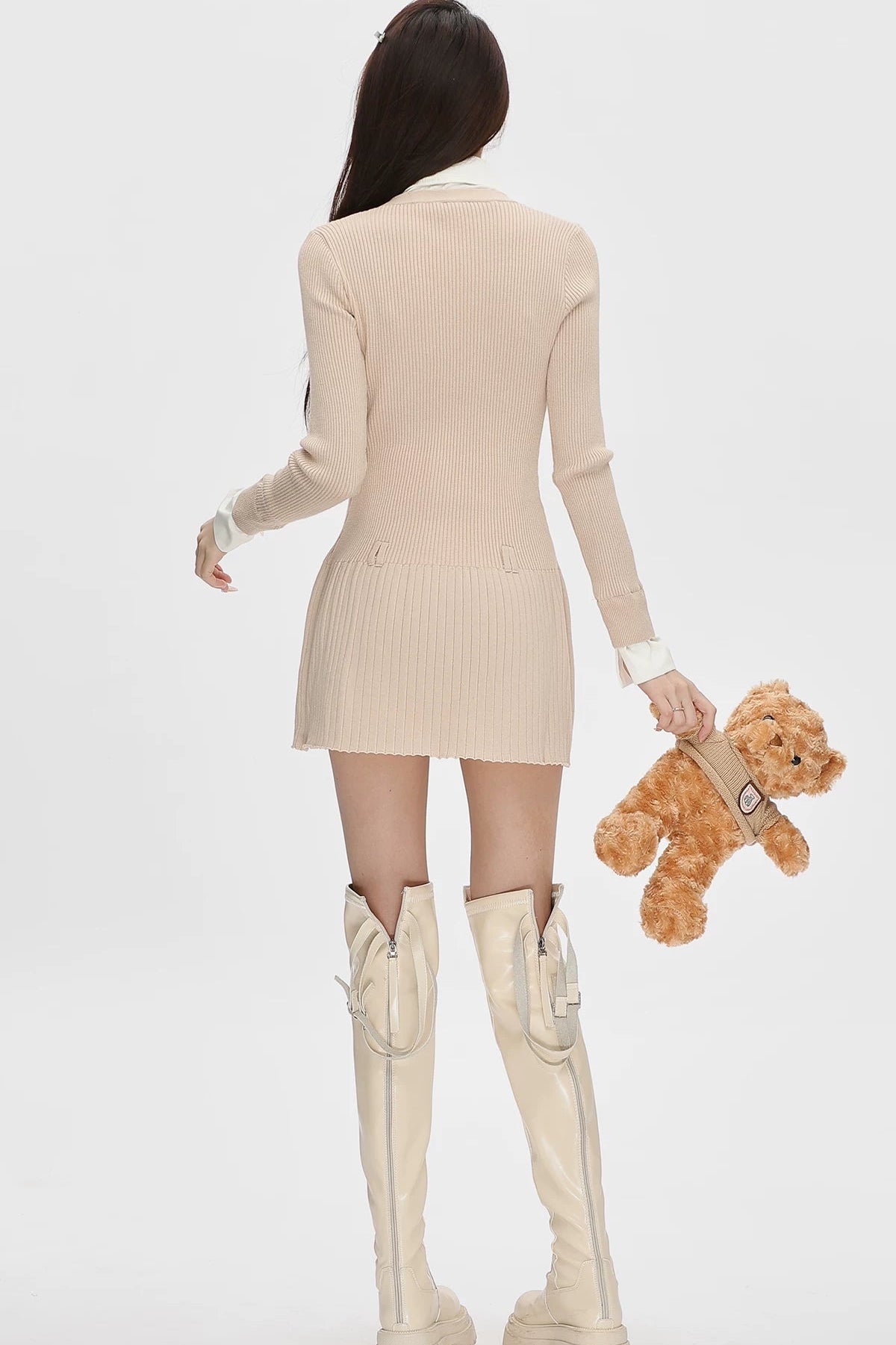 layered shirt frill v-neck knit one-piece DL1478