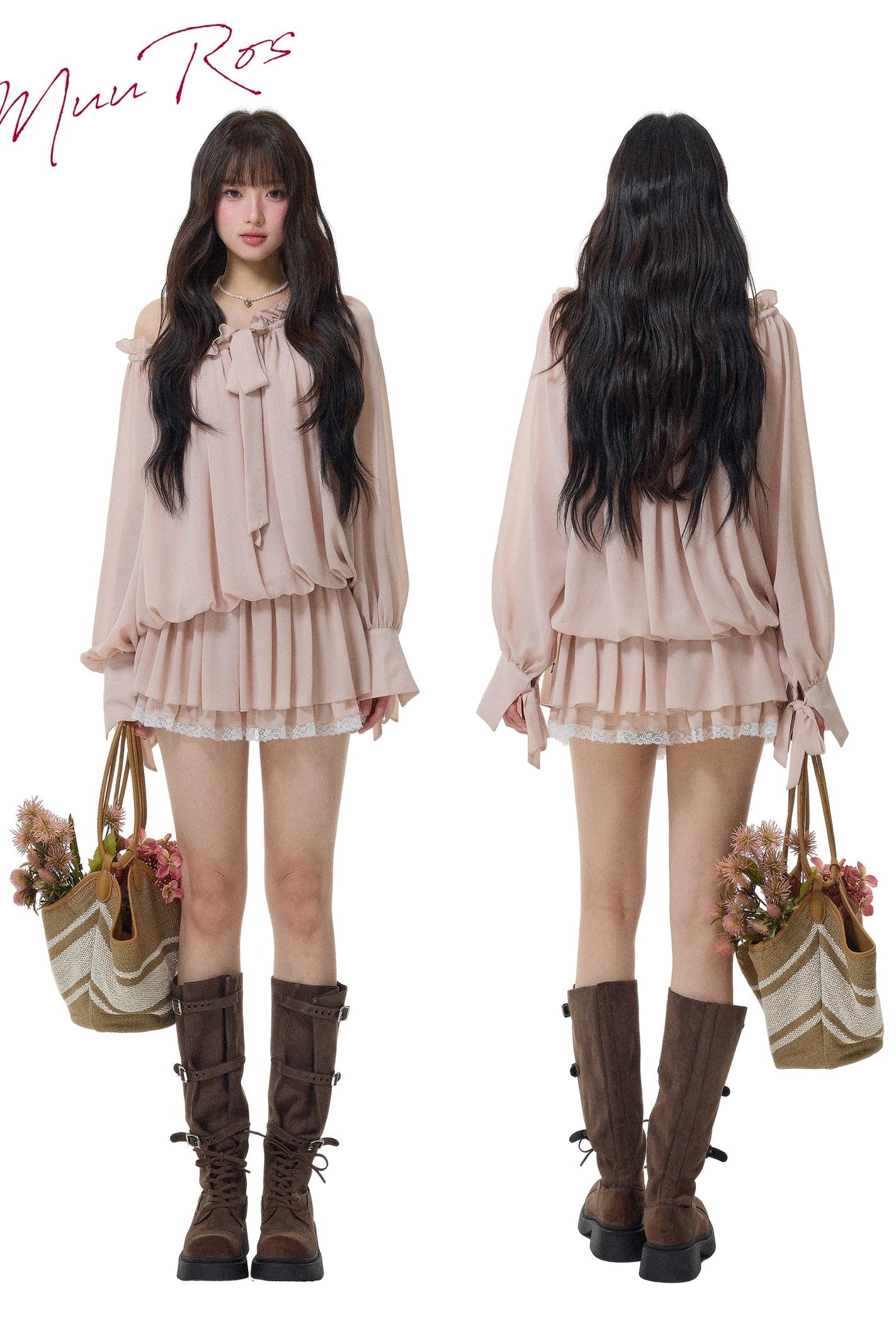 chiffon bow tie pleated mini one-piece DL1518