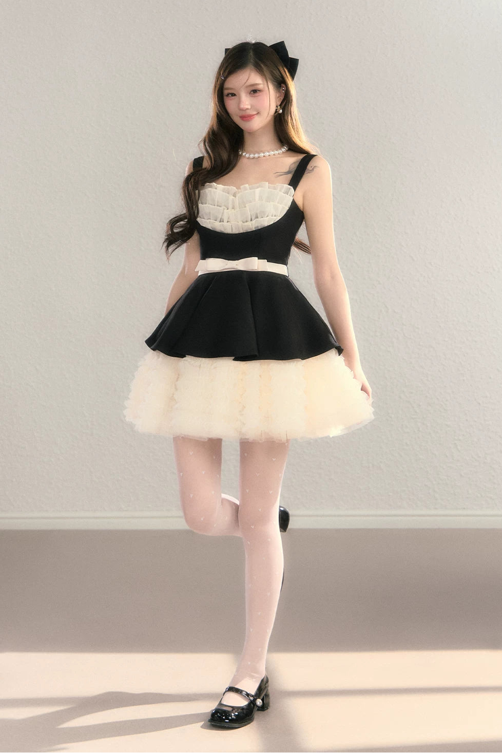 black ribbon peplum ballet dress DL1509
