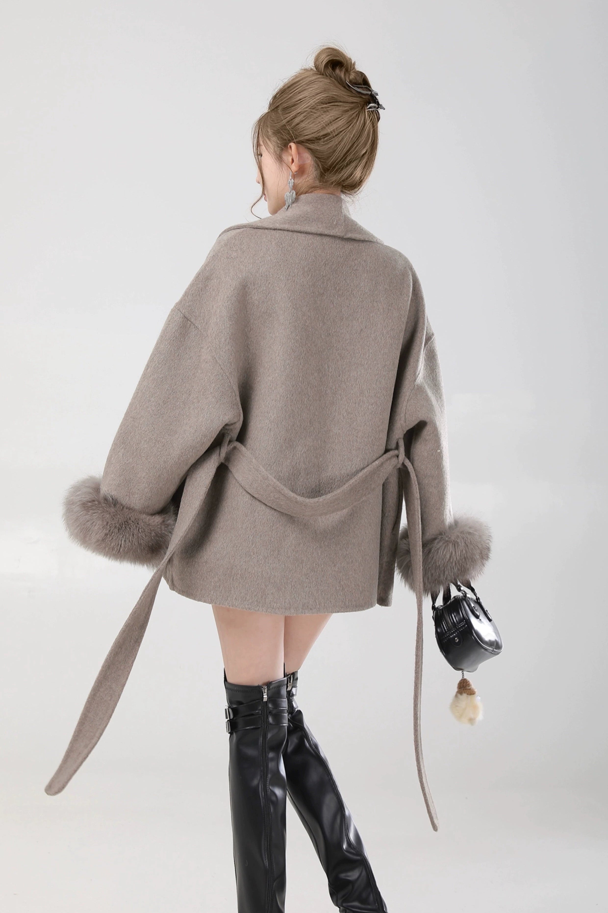 elegant belted fur sleeve jacket DL1425