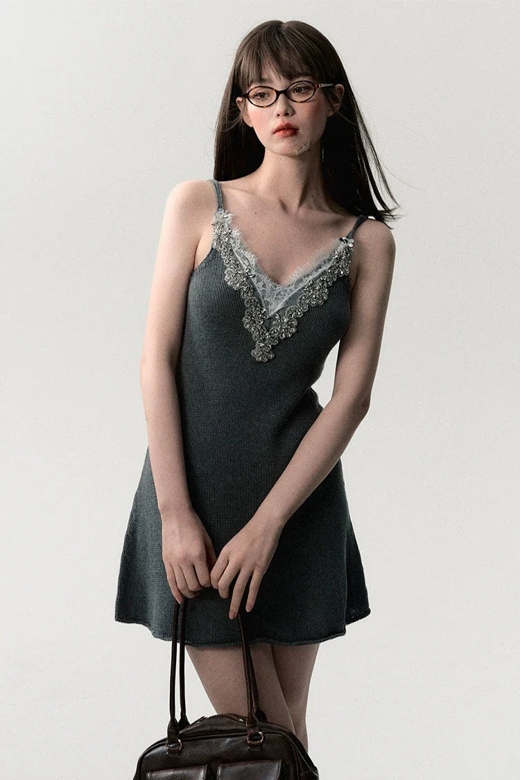 summer waist vneck knit halter dress DL10007