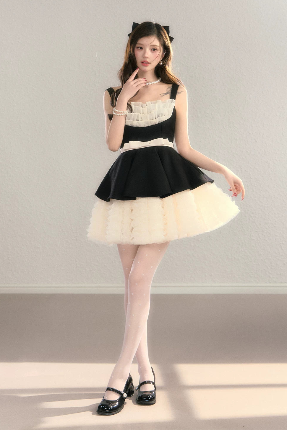 black ribbon peplum ballet dress DL1509