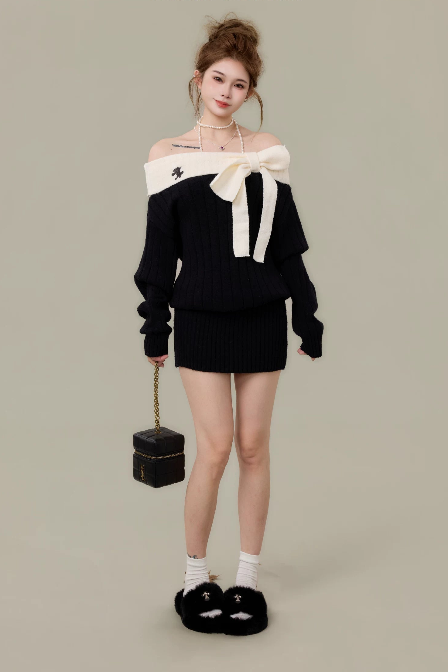 ribbon tie off-shoulder rib knit mini one-piece DL1501