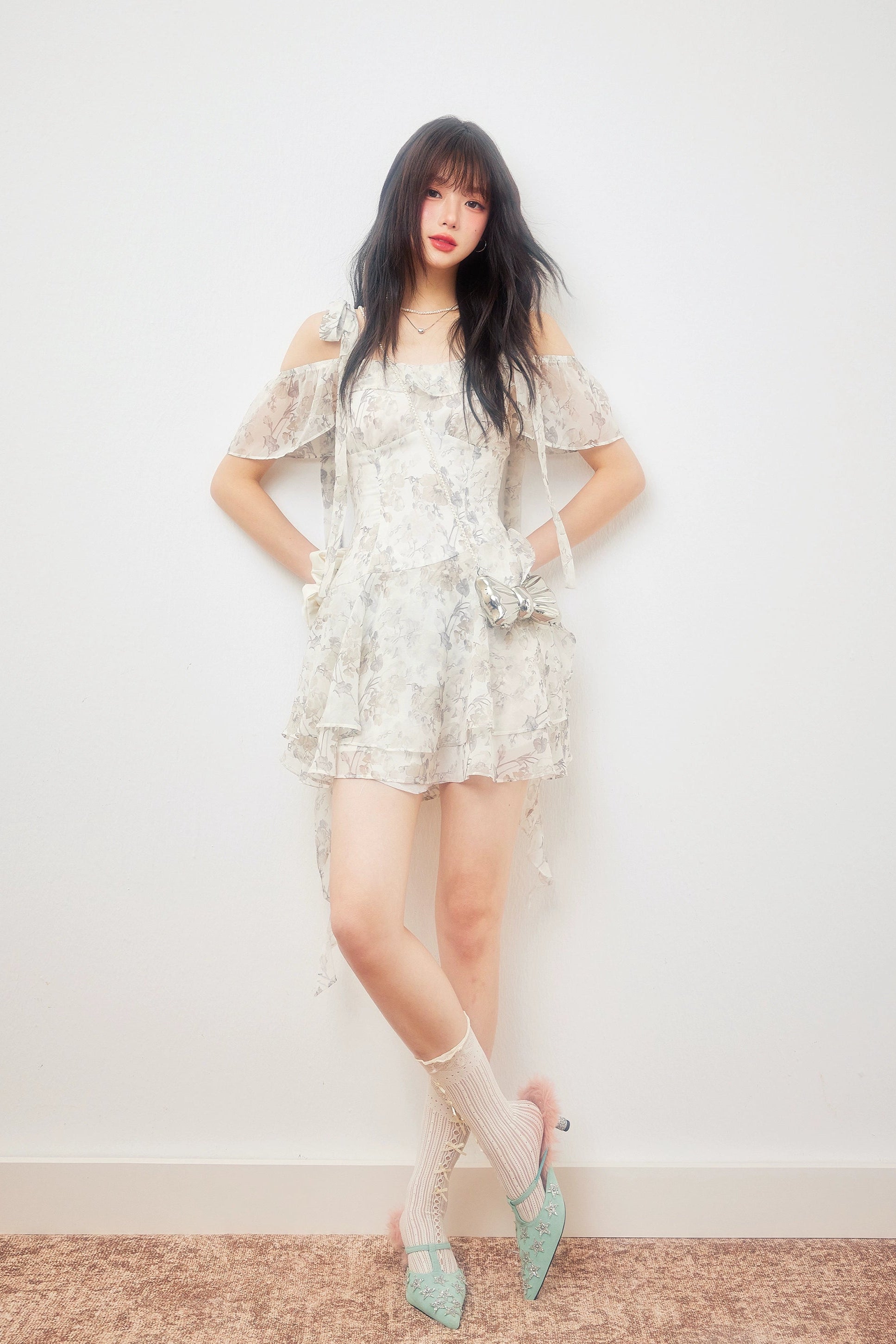 Flower shirring sleeveless one-piece ★ flower shirring one-piece DL1433