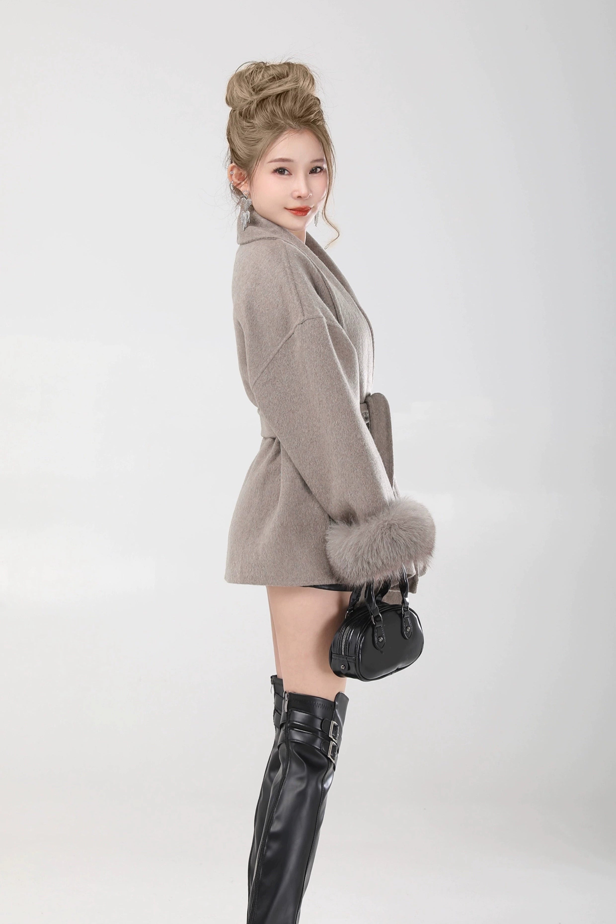elegant belted fur sleeve jacket DL1425