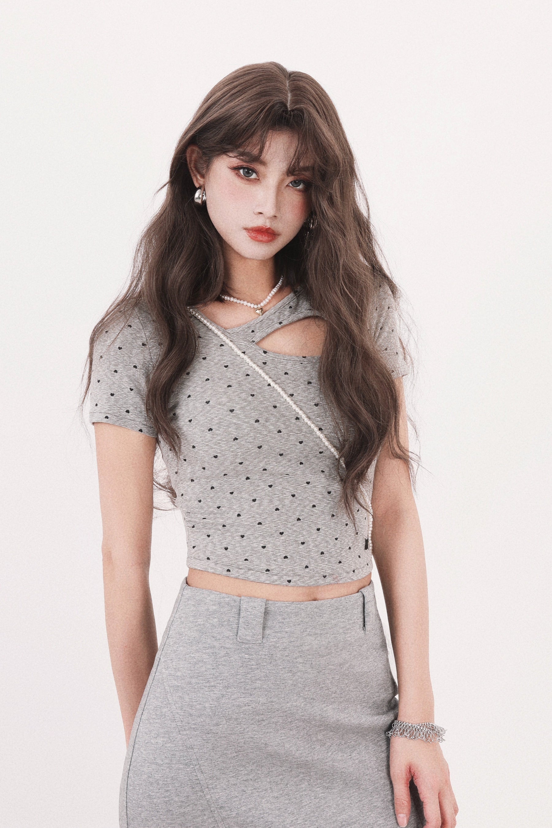 heart dot Ribbon open front tops DL1397