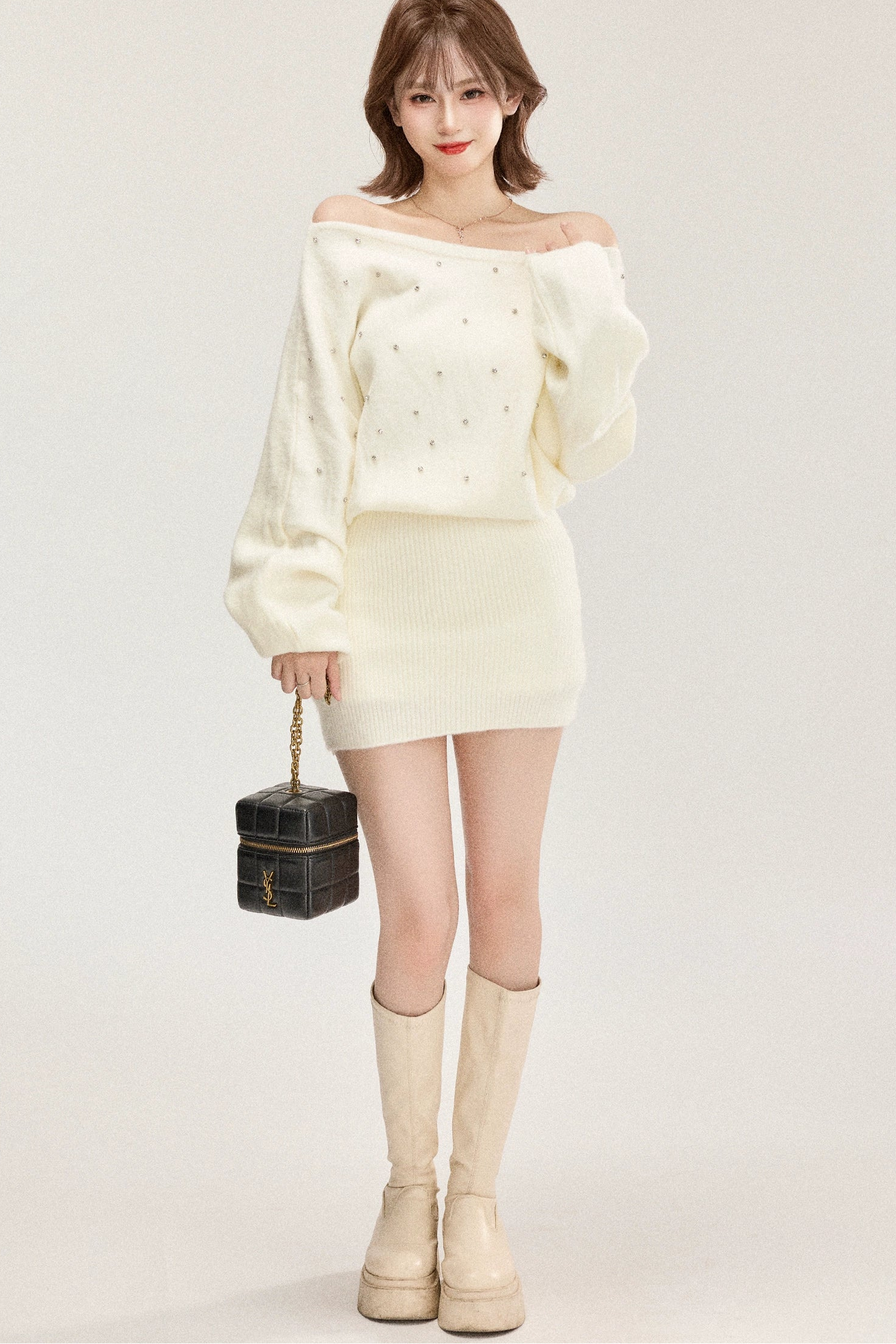 pearl glow off-shoulder knit one-piece DL1469