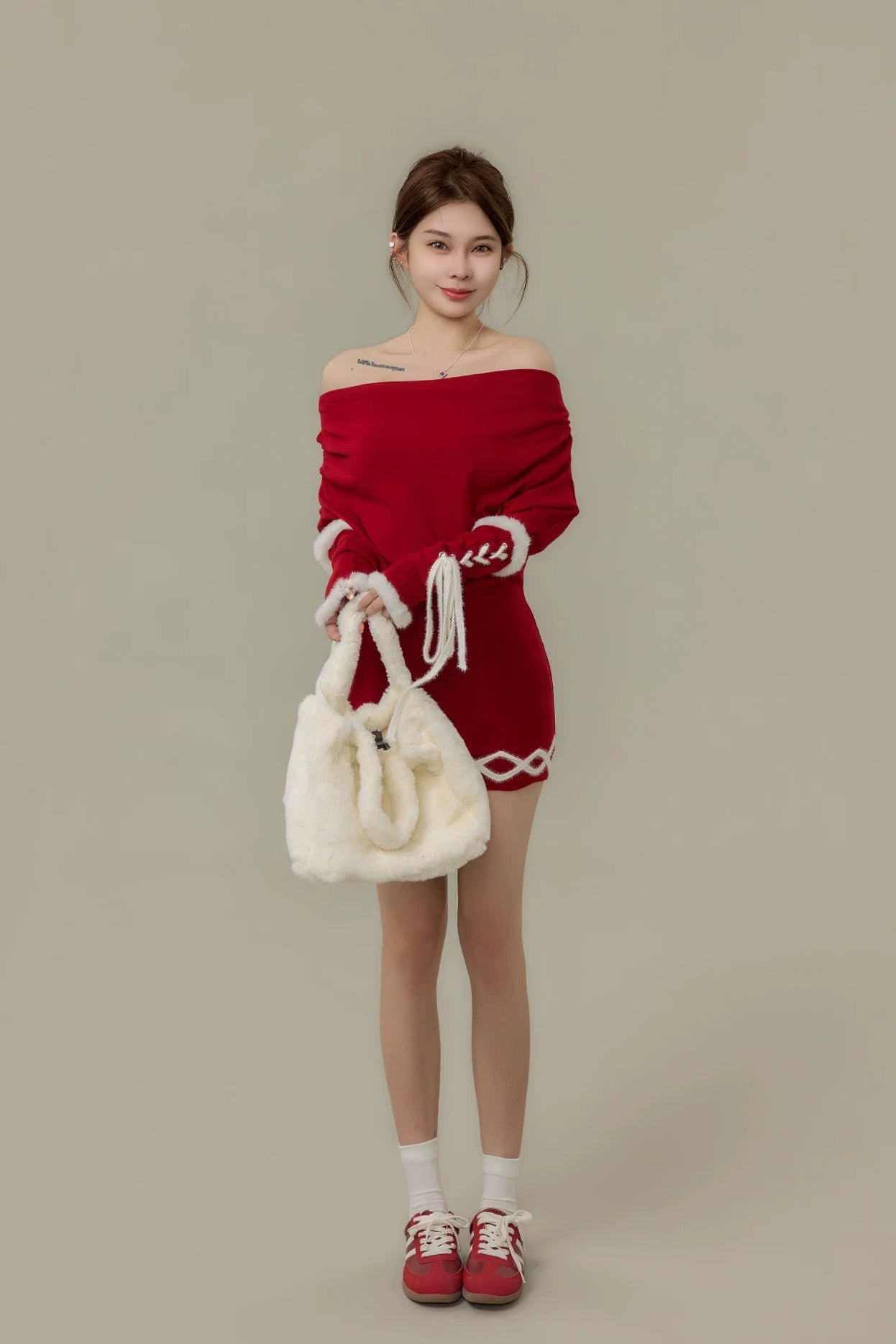 lace-up off-shoulder fur trim one-piece DL1500