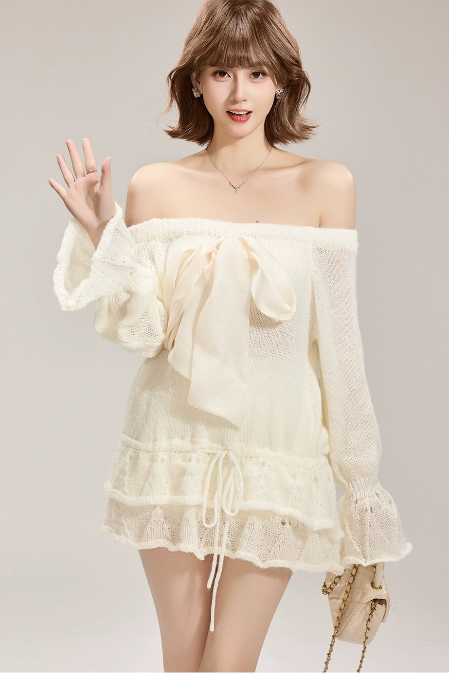 ribbon off-shoulder knit one-piece DL1492