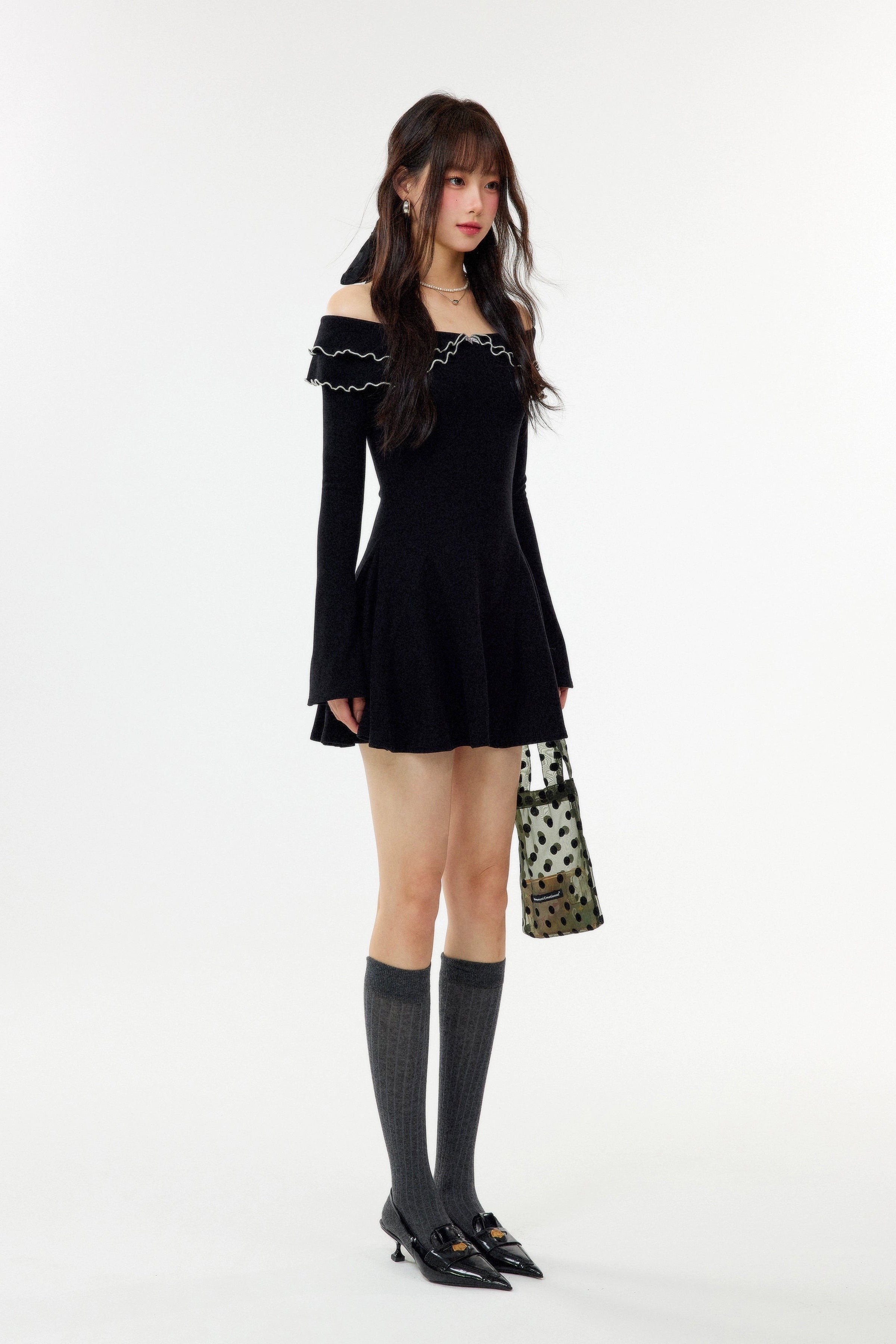 ruffle collar ribbon one-piece DL1452