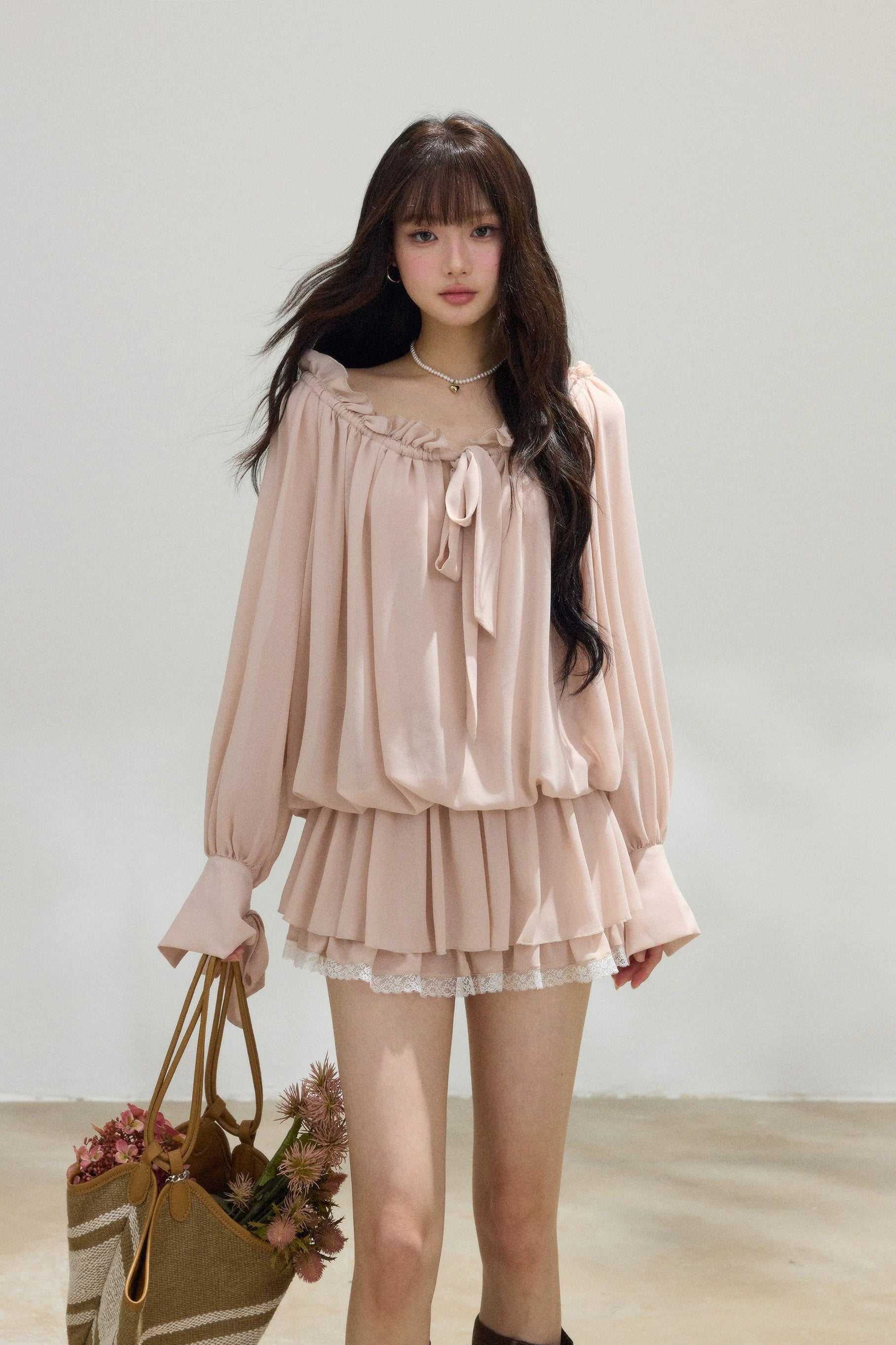 chiffon bow tie pleated mini one-piece DL1518