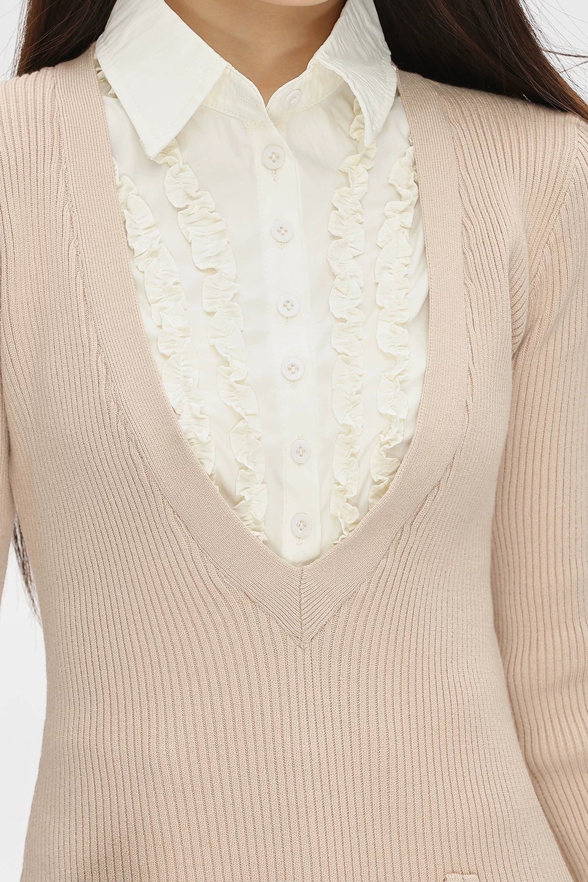 layered shirt frill v-neck knit one-piece DL1478
