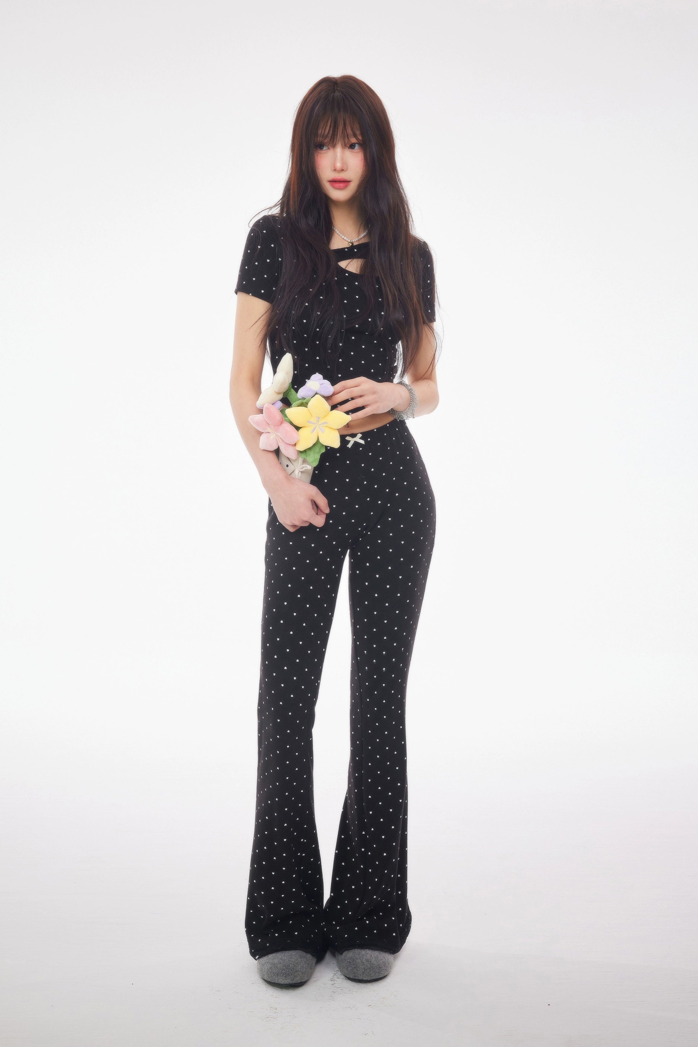 heart dot front ribbon flared pants DL1396