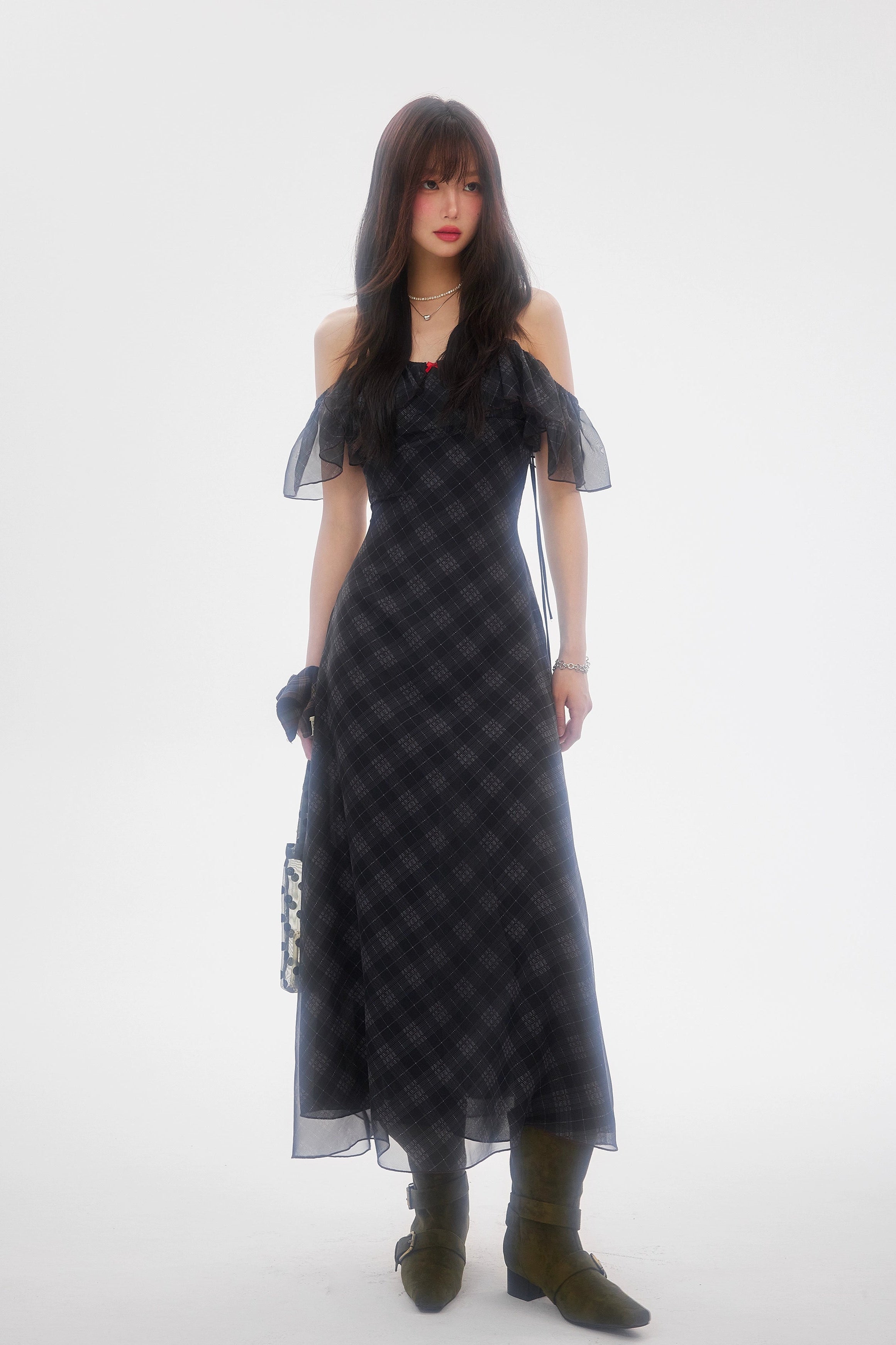 see-through check long one-piece DL1414