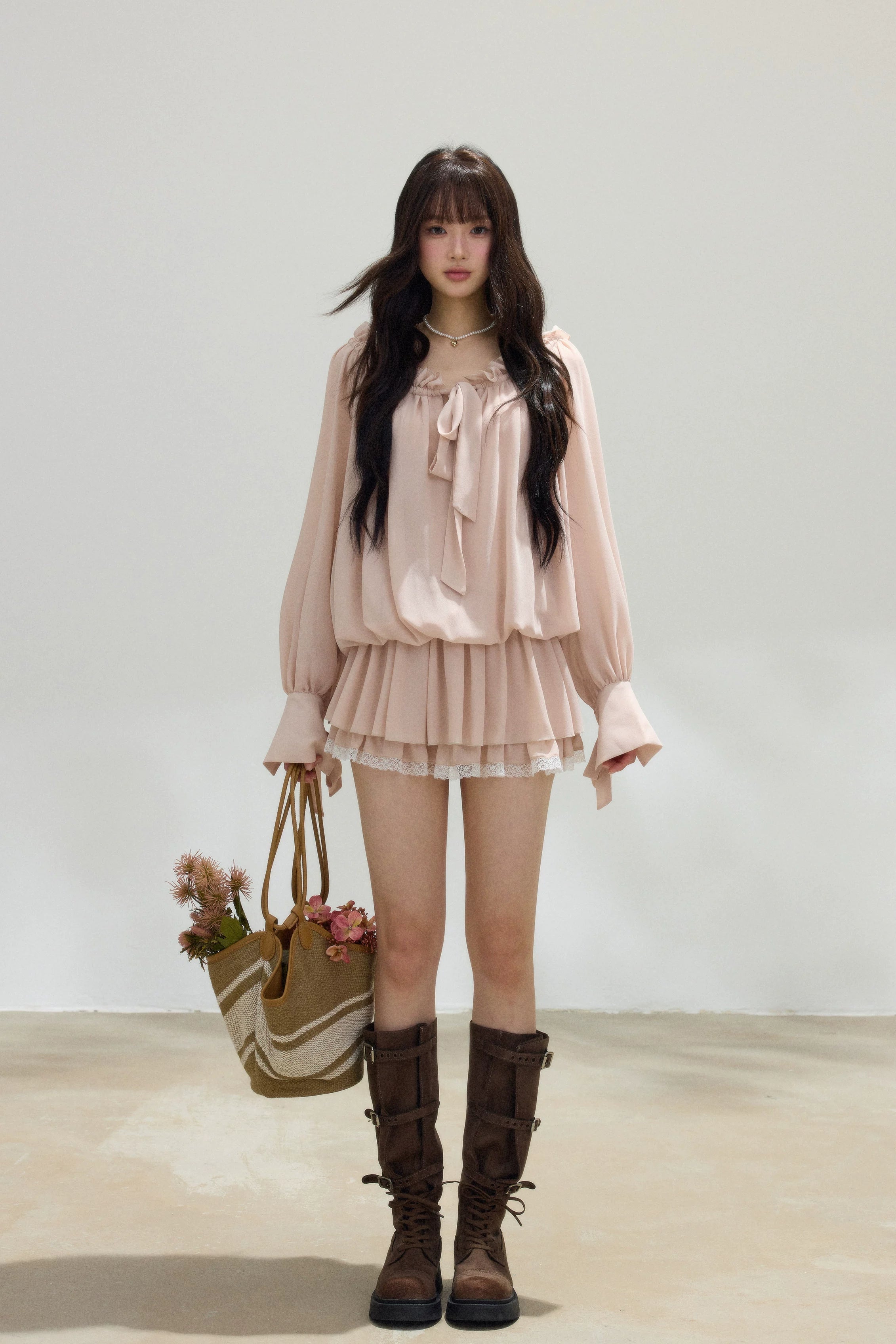 chiffon bow tie pleated mini one-piece DL1518