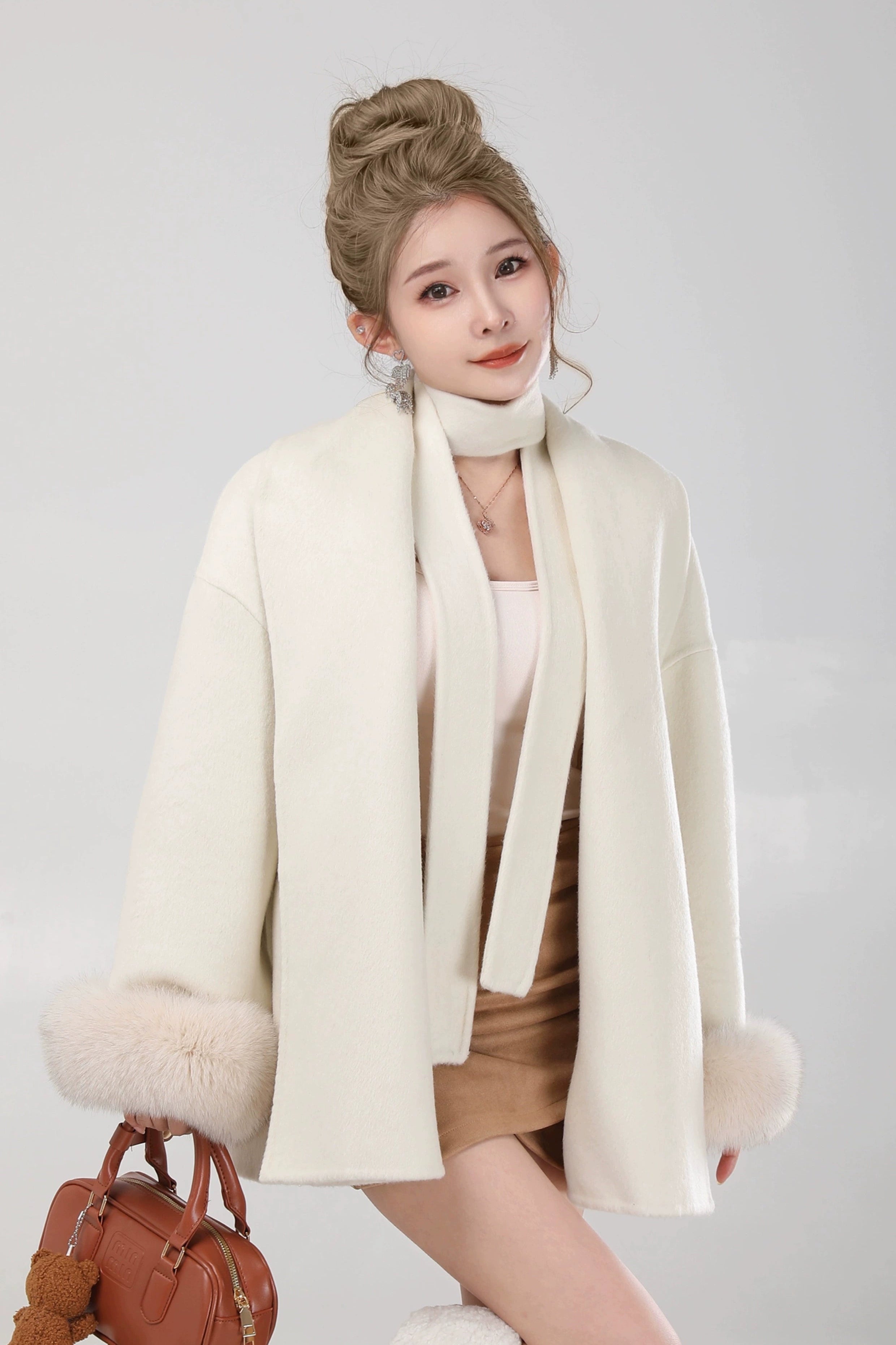 elegant belted fur sleeve jacket DL1425