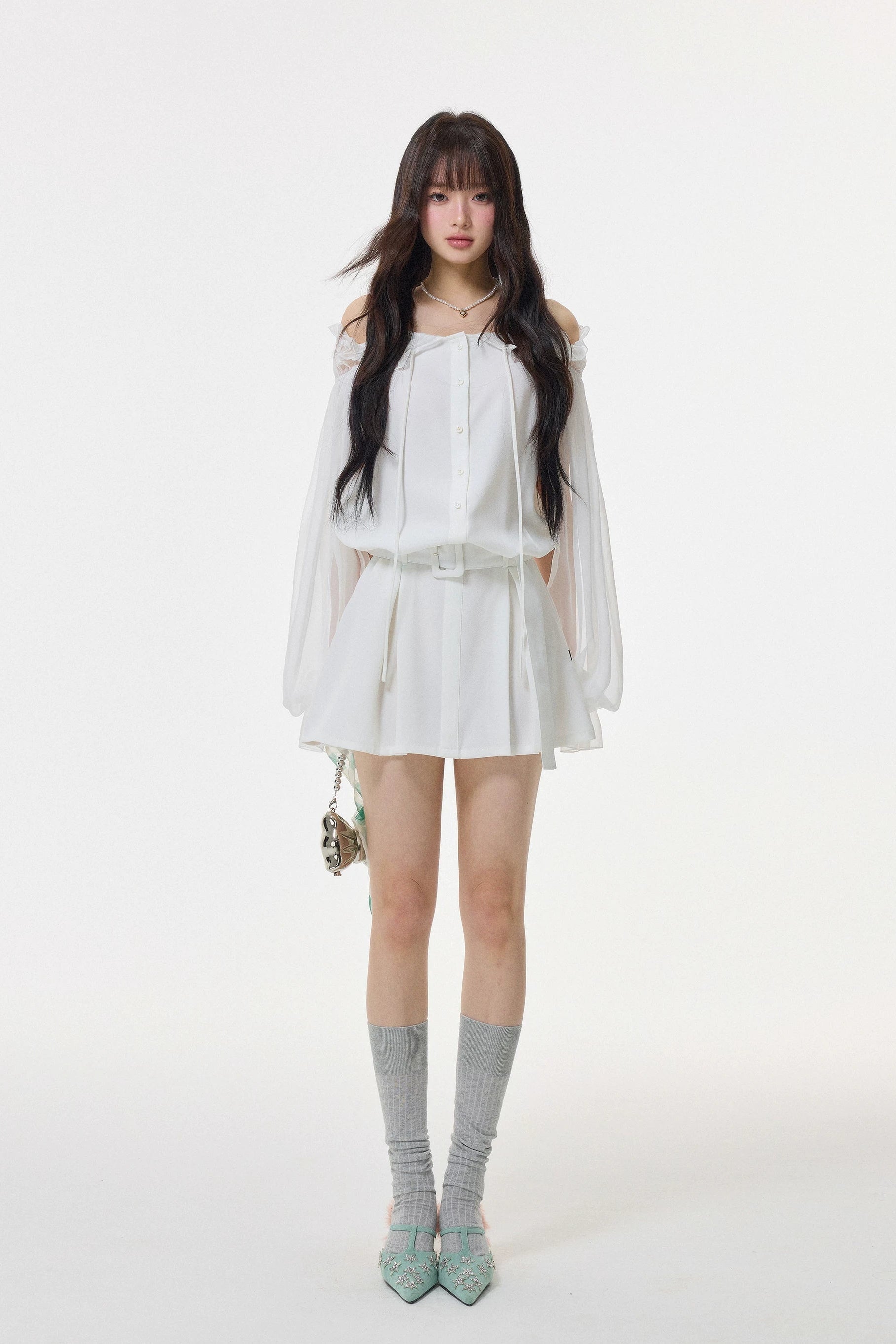 sheer off shoulder frill mini one-piece DL1519