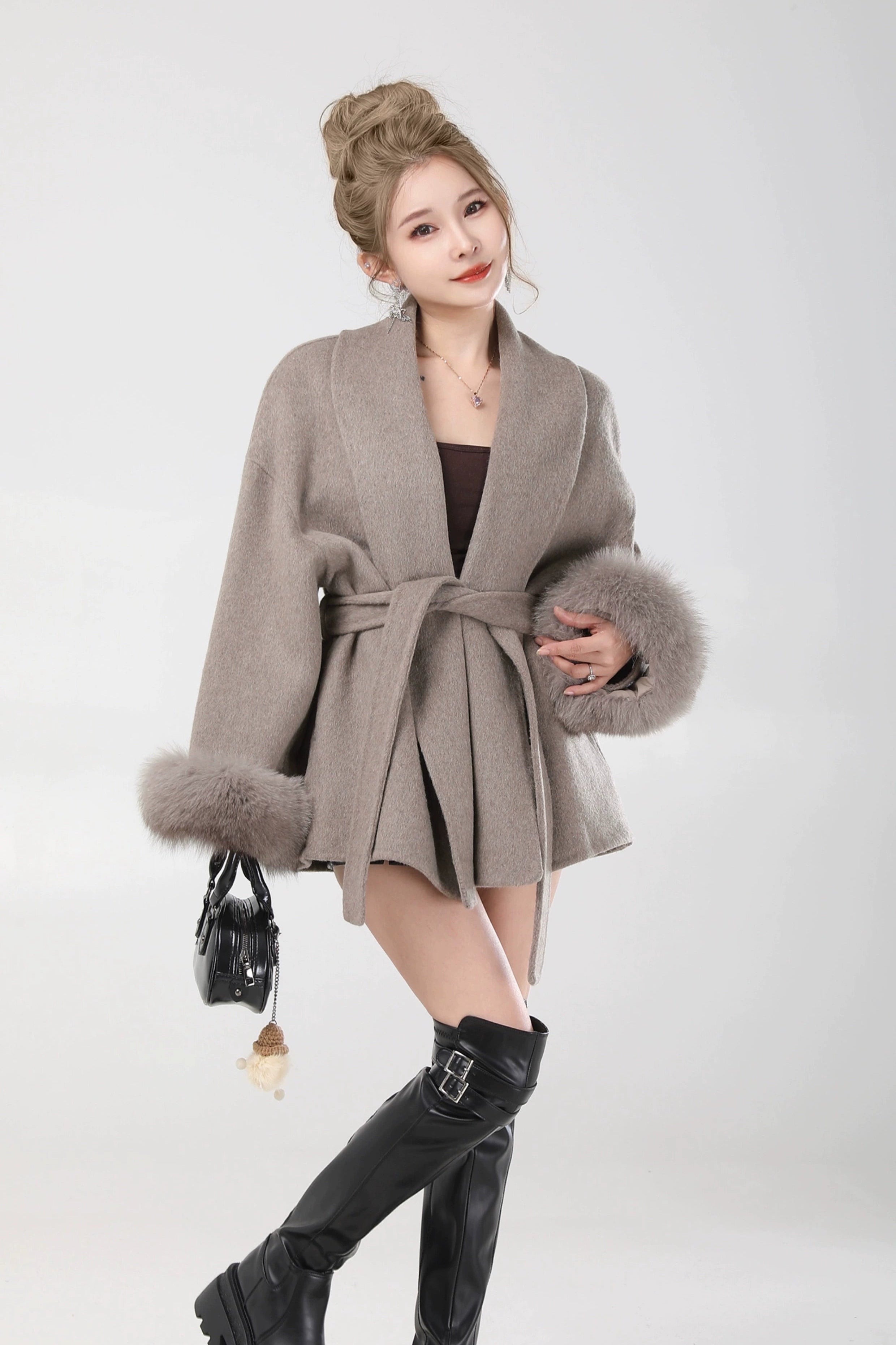 elegant belted fur sleeve jacket DL1425