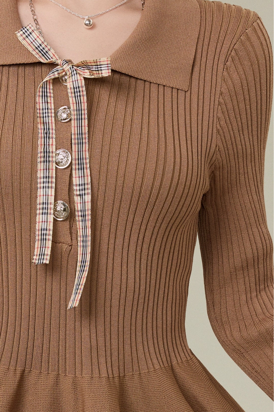 ribbon collar pearl button knit one-piece DL1487