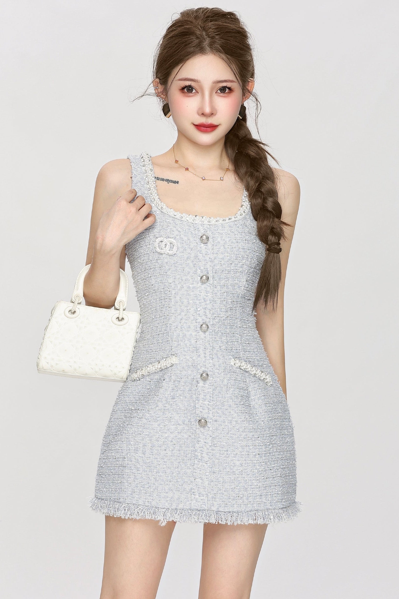blue tweed u-neck one-pice DL1385