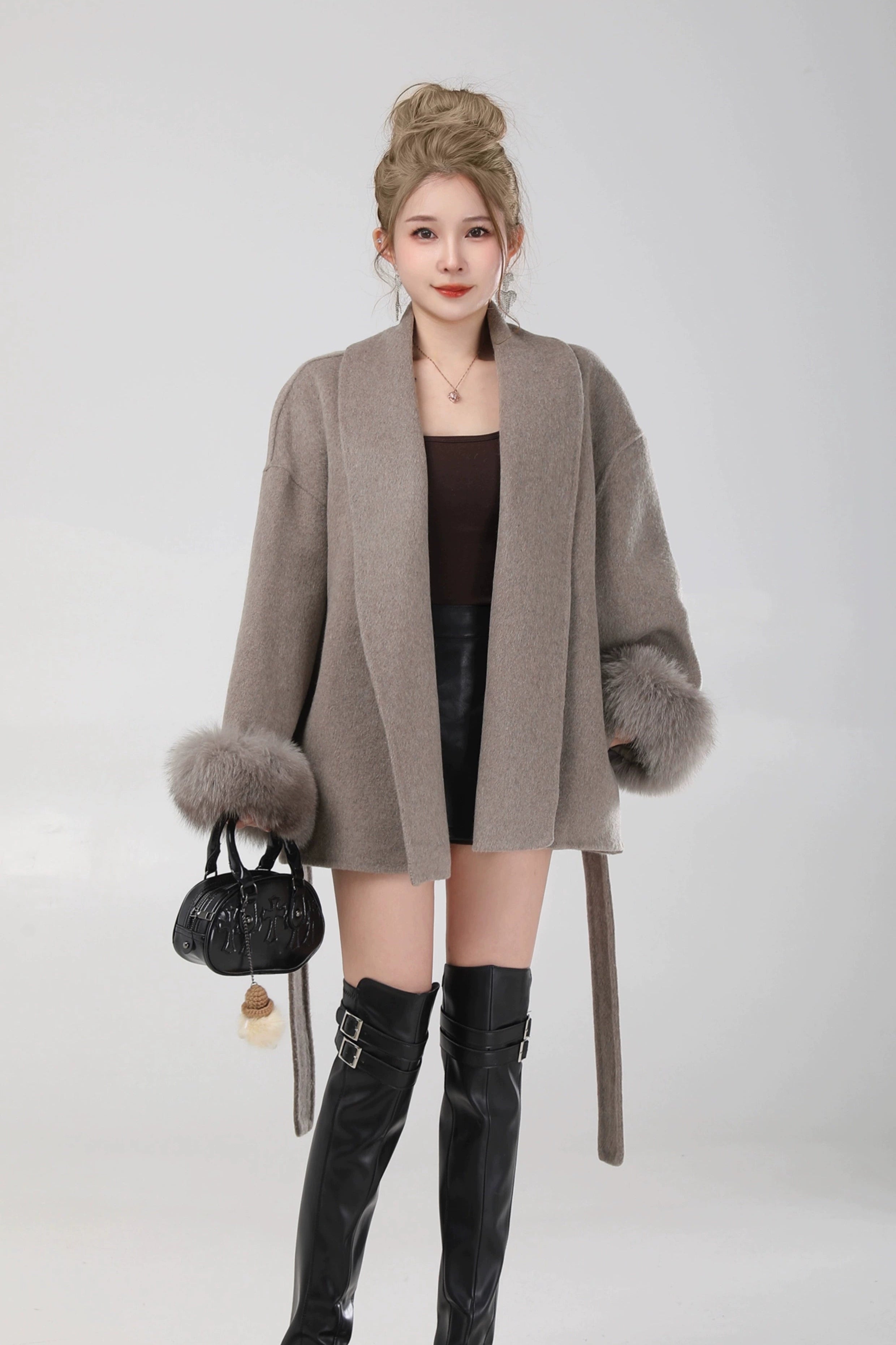 elegant belted fur sleeve jacket DL1425