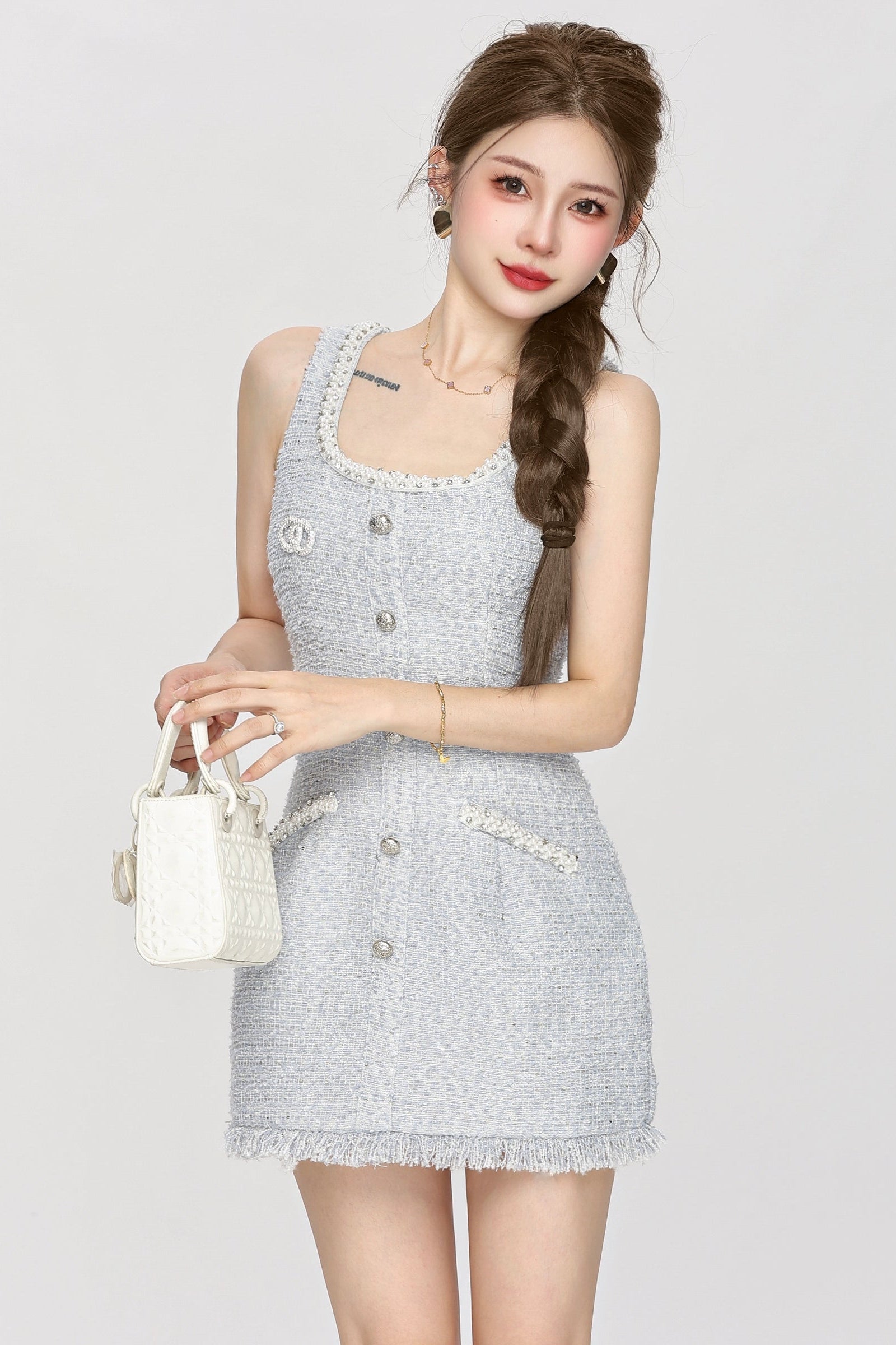 blue tweed u-neck one-pice DL1385