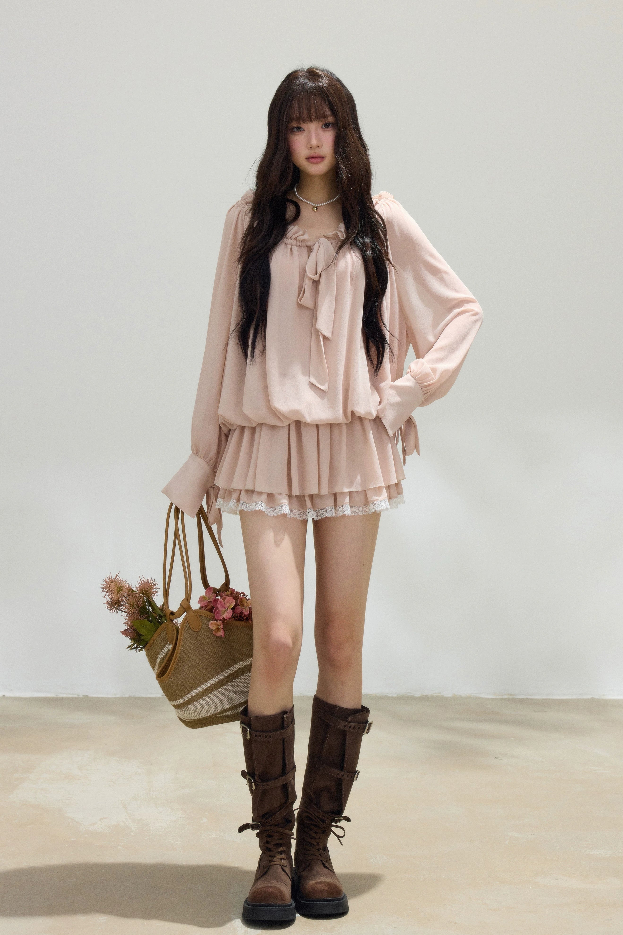 chiffon bow tie pleated mini one-piece DL1518