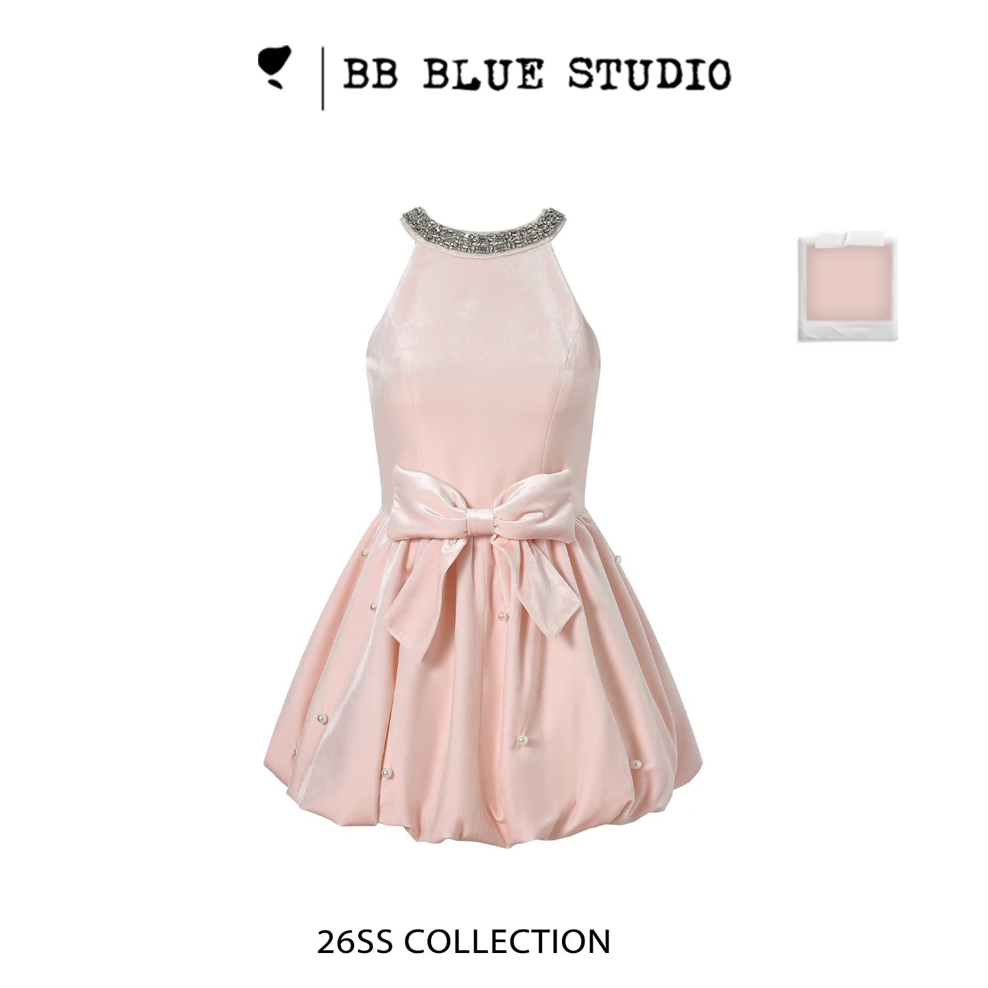 crystal neck ribbon flare mini dress DL1514