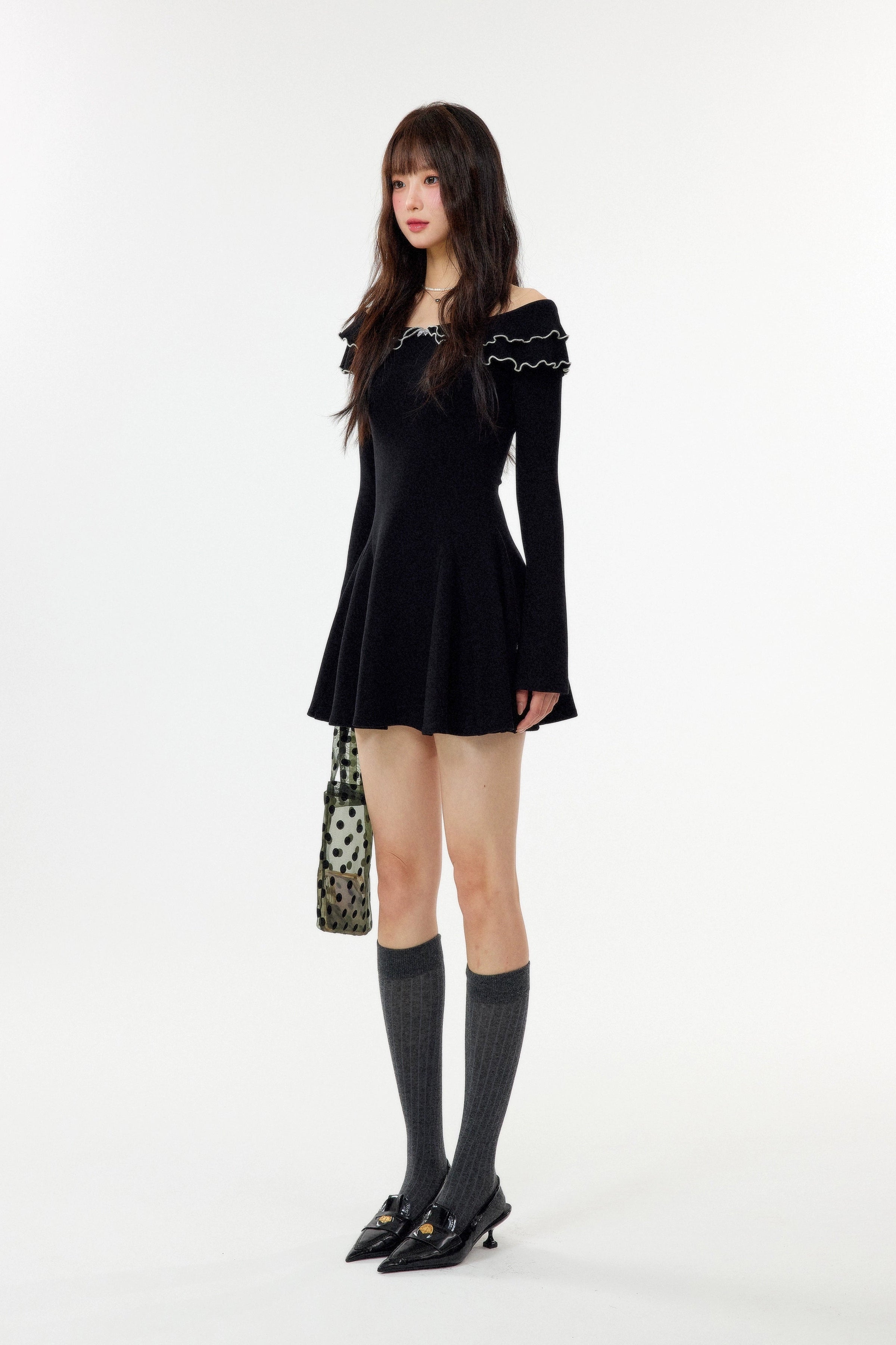 ruffle collar ribbon one-piece DL1452