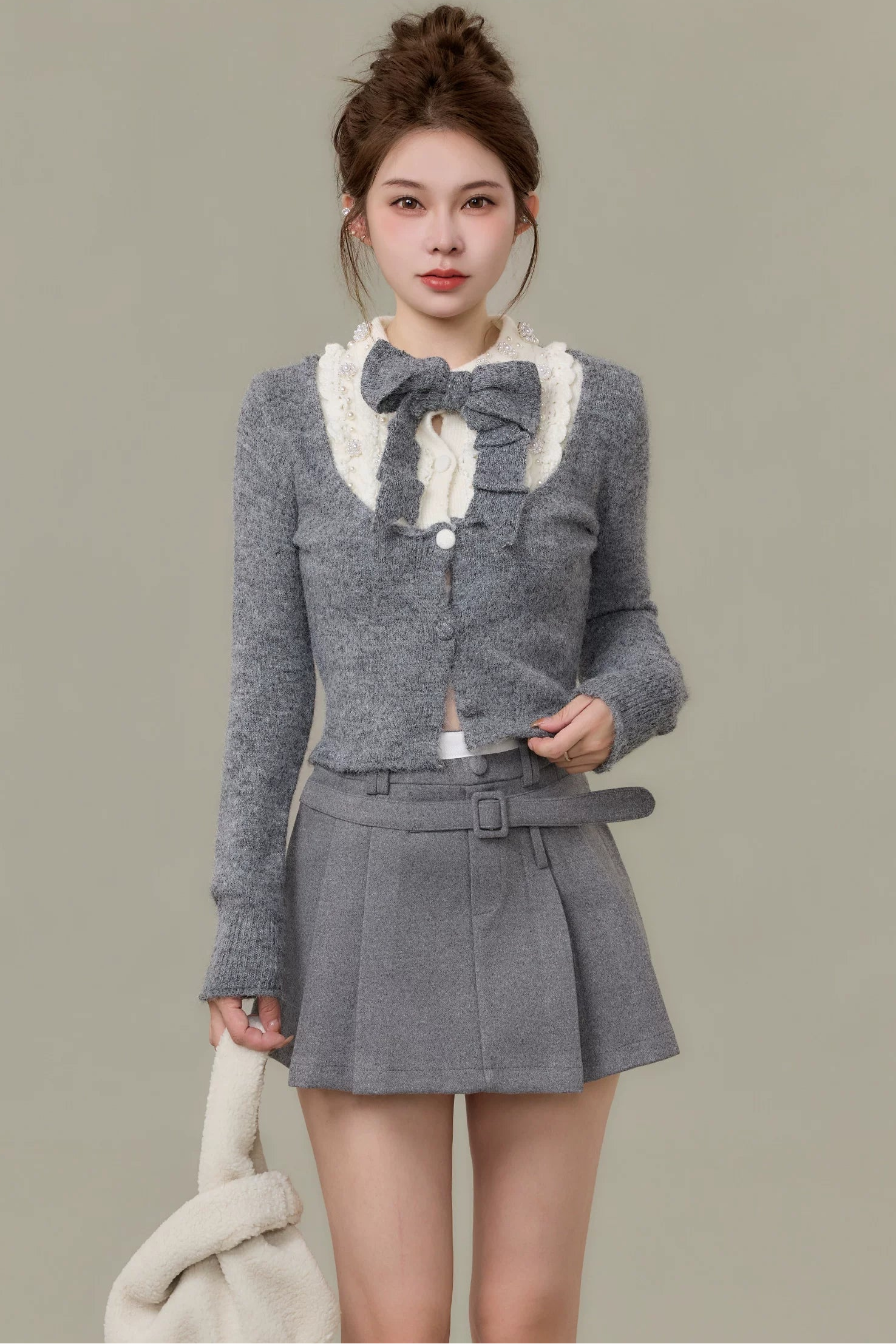 ribbon tie lace collar knit cardigan set DL1510