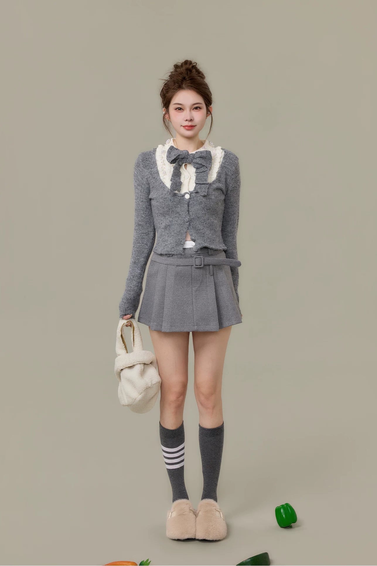 ribbon tie lace collar knit cardigan set DL1510