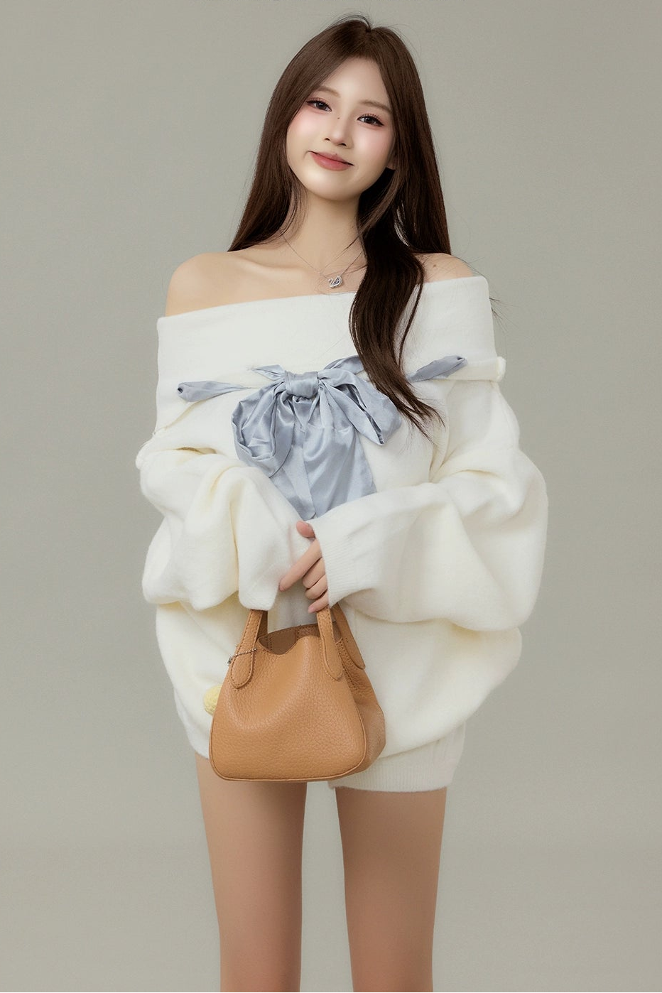 satin ribbon off-shoulder knit set DL1489