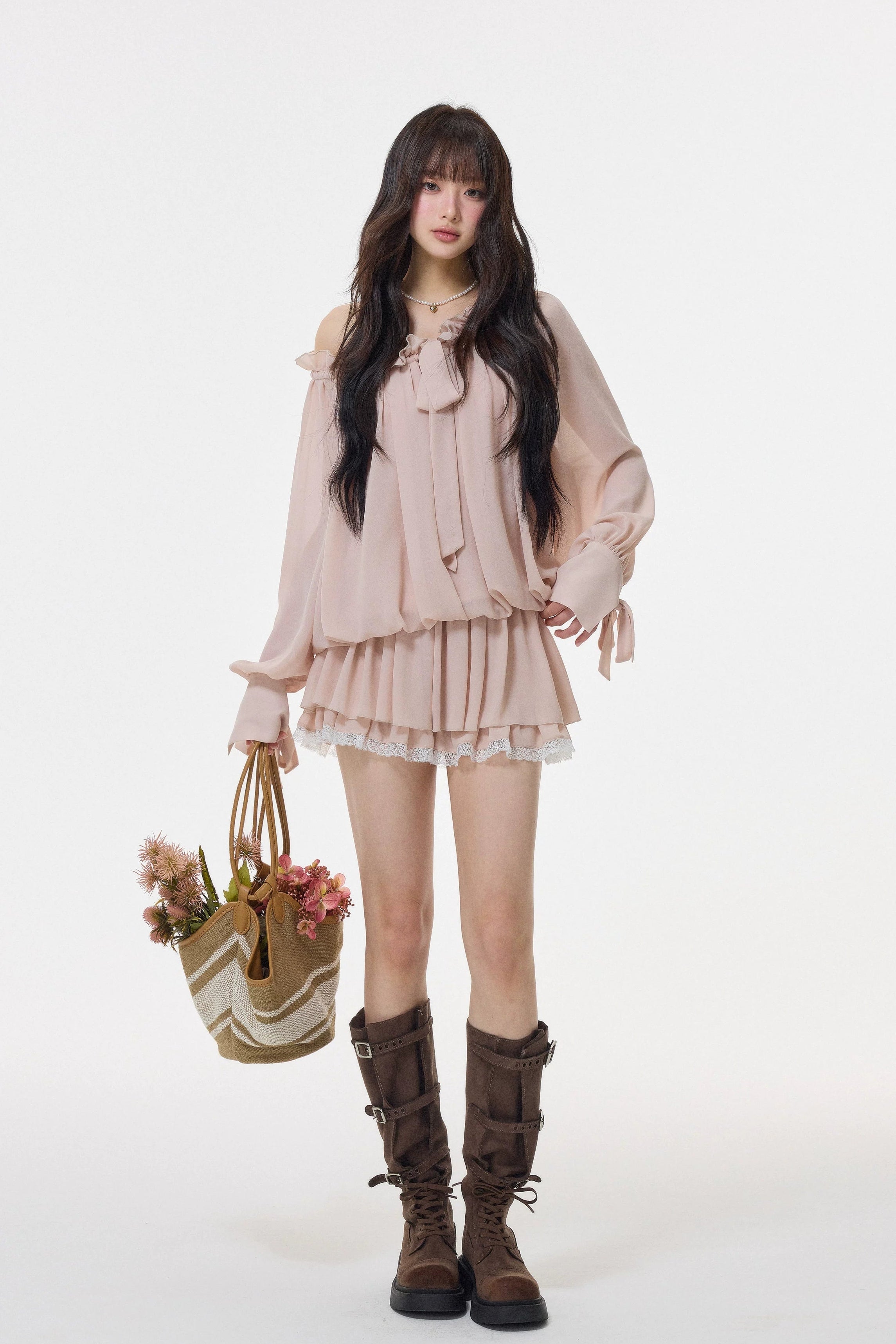 chiffon bow tie pleated mini one-piece DL1518