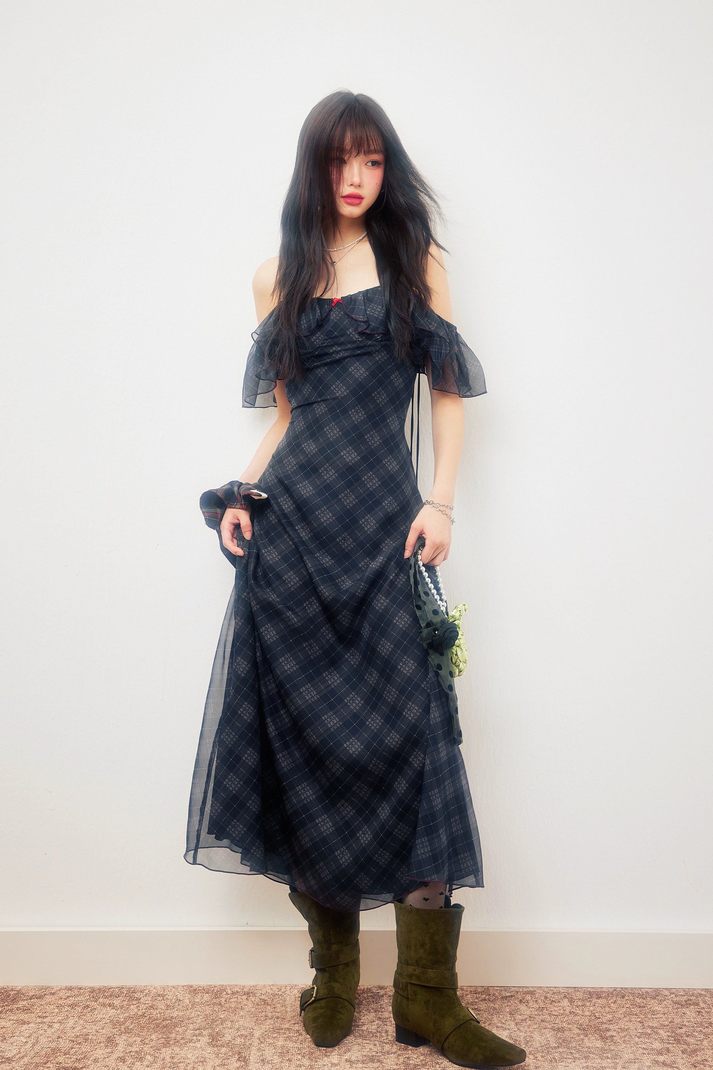 see-through check long one-piece DL1414
