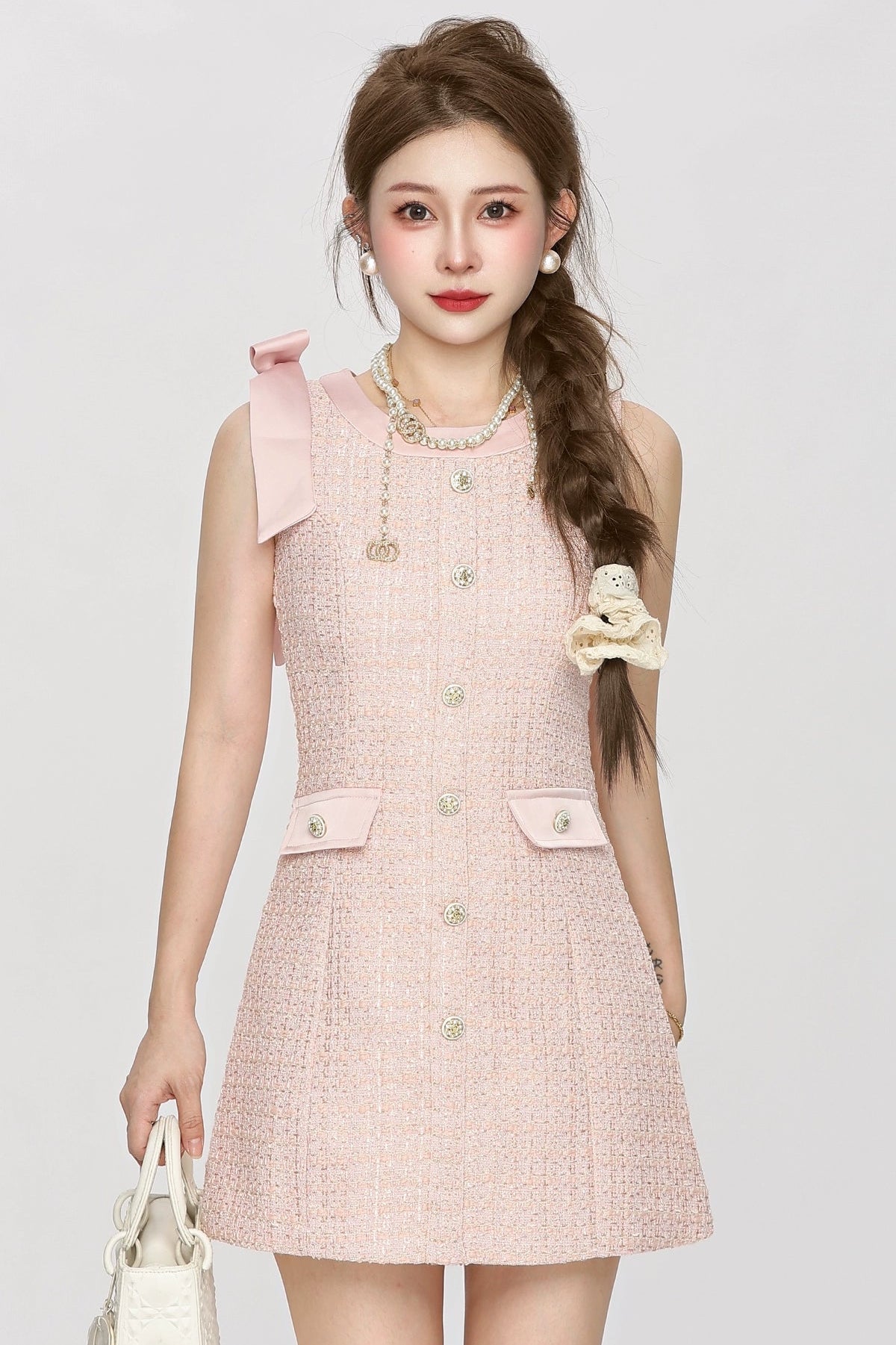 ribon detail tweed one-piece DL1417