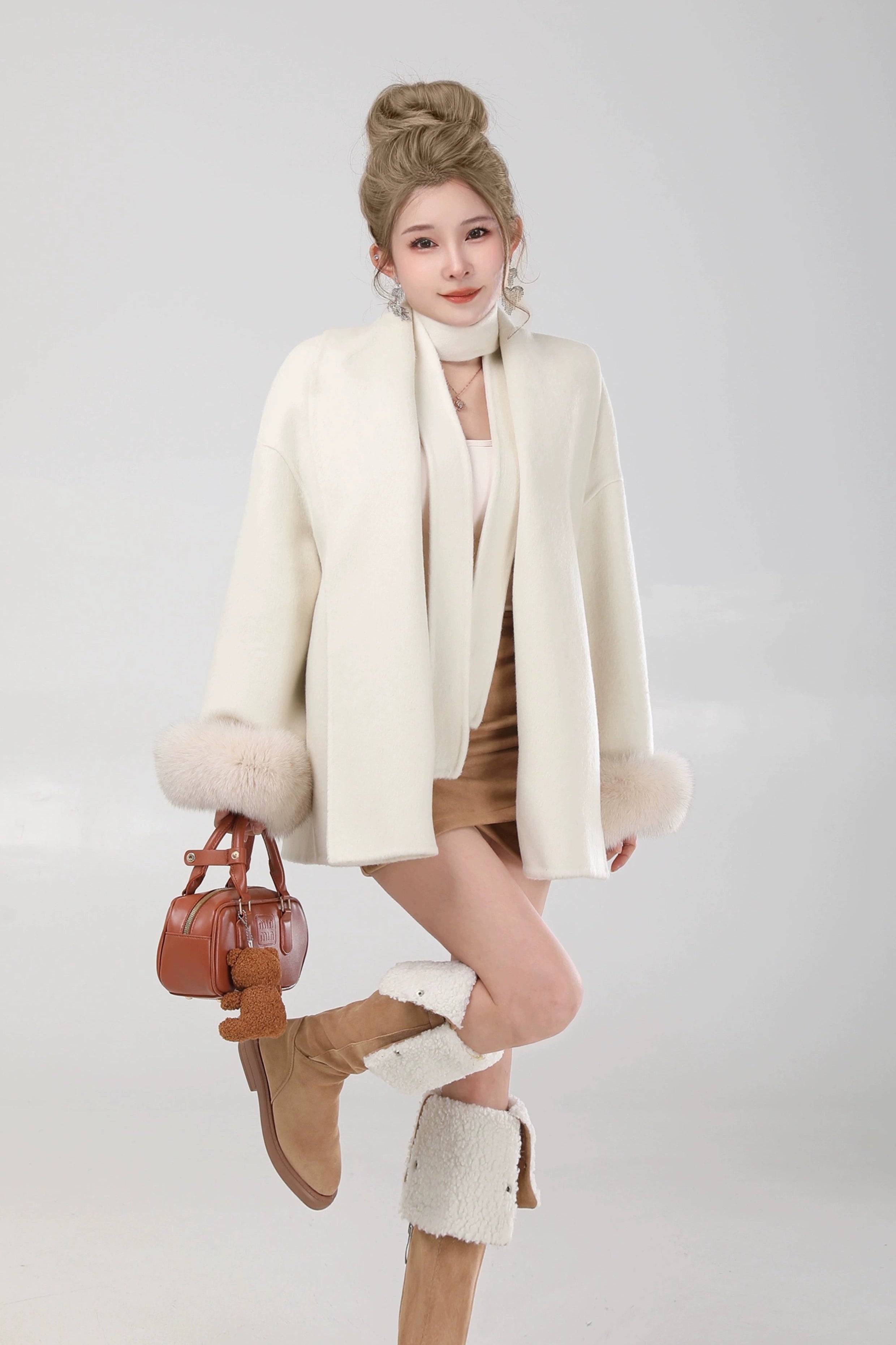 elegant belted fur sleeve jacket DL1425