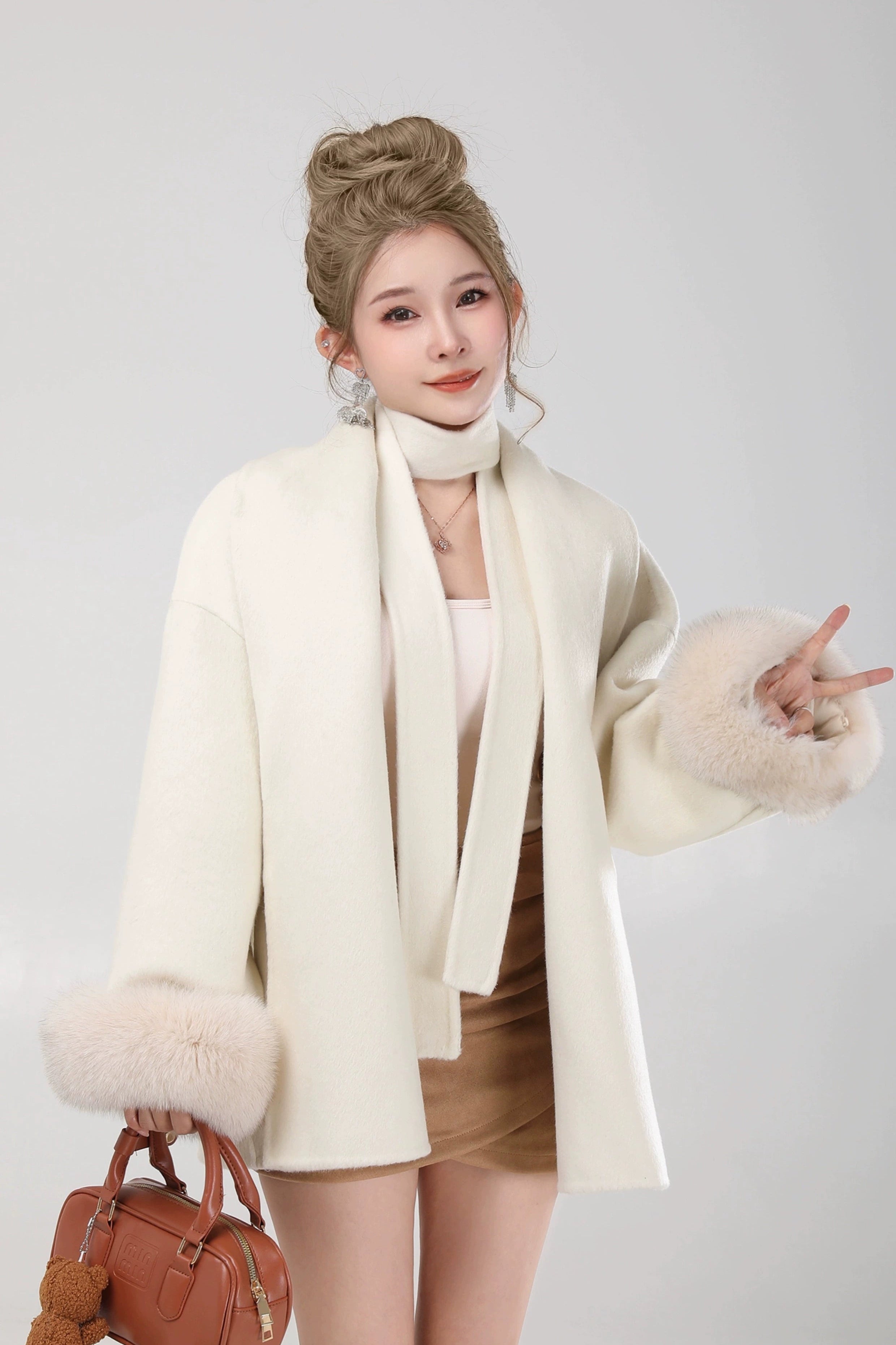 elegant belted fur sleeve jacket DL1425