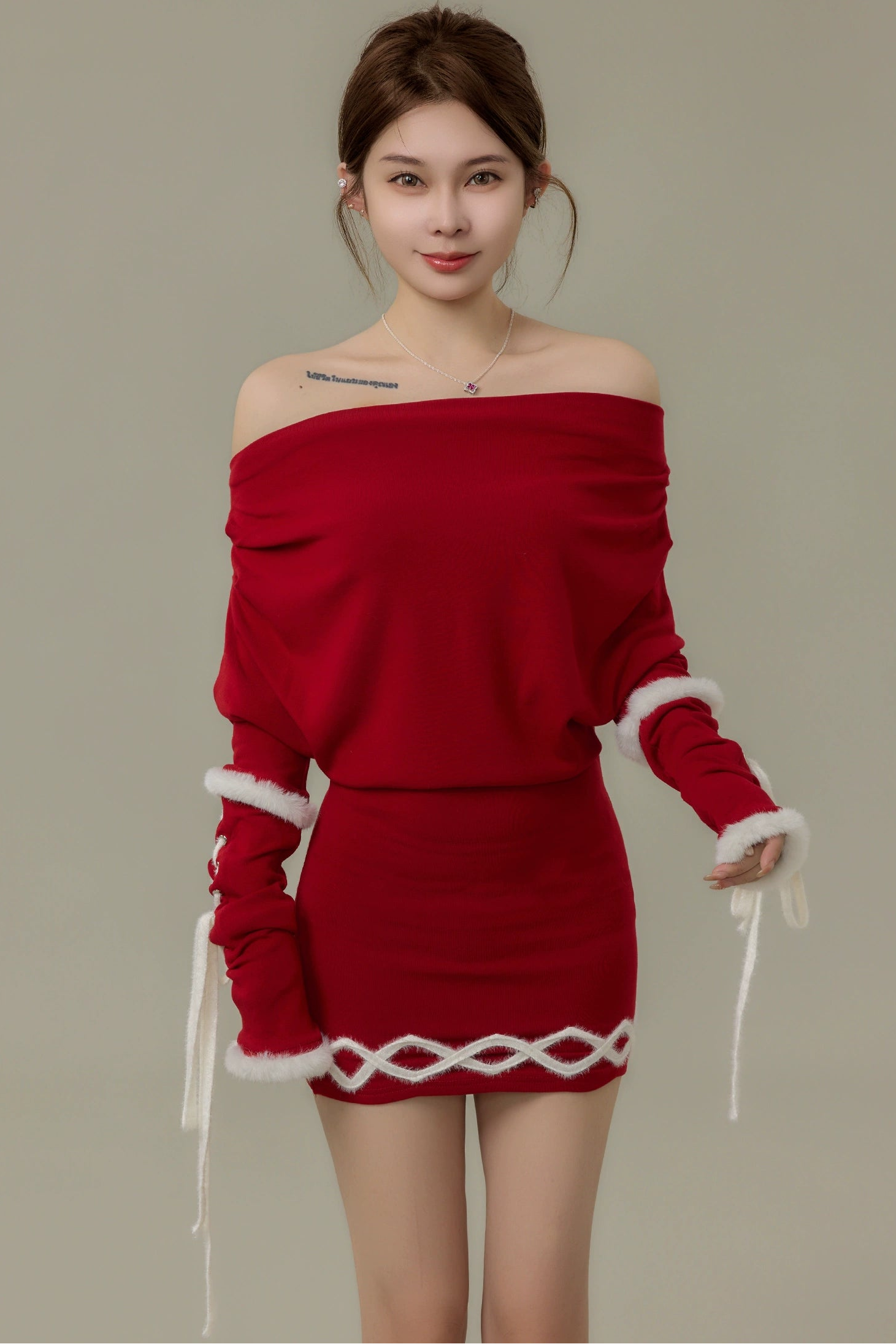lace-up off-shoulder fur trim one-piece DL1500