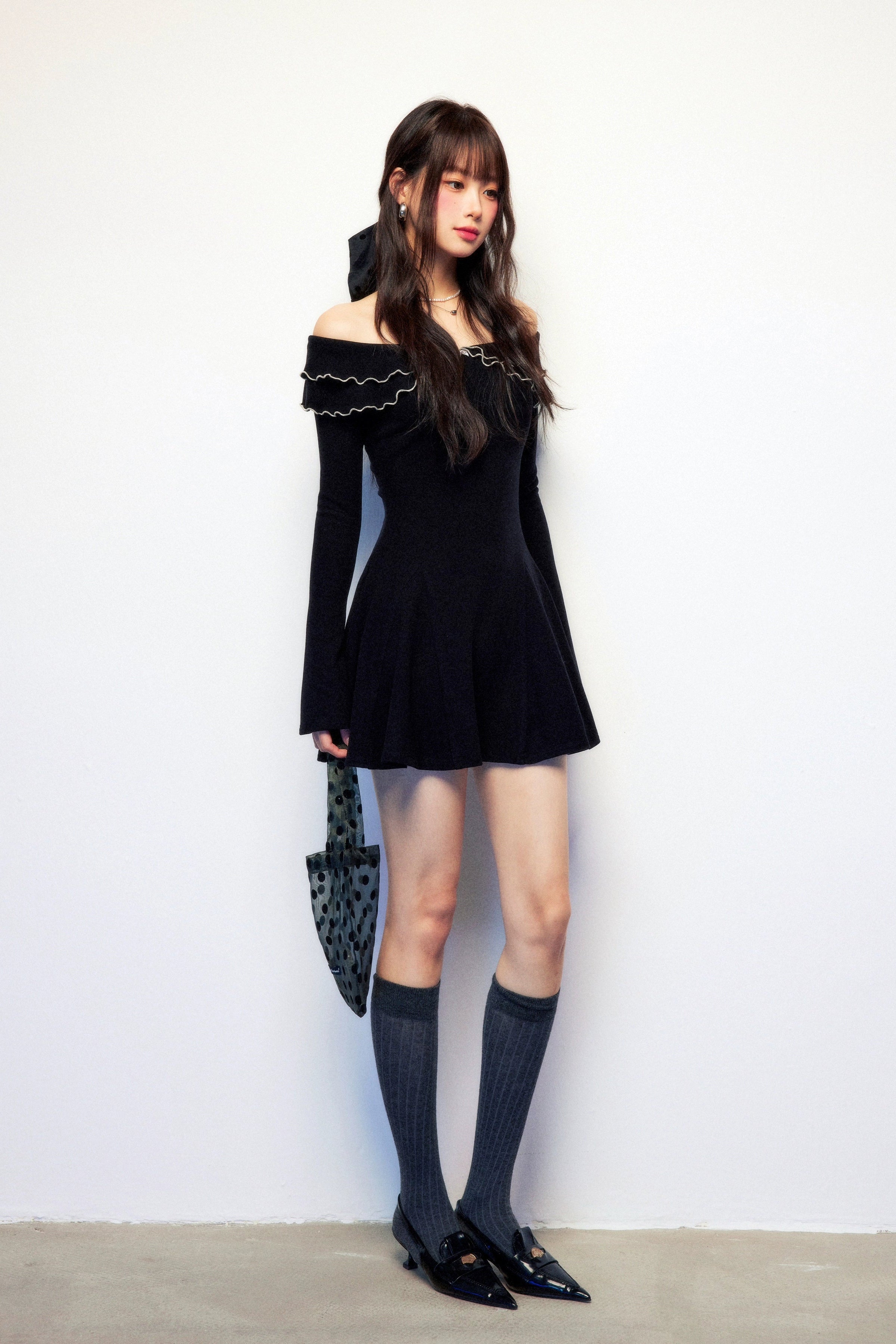 ruffle collar ribbon one-piece DL1452
