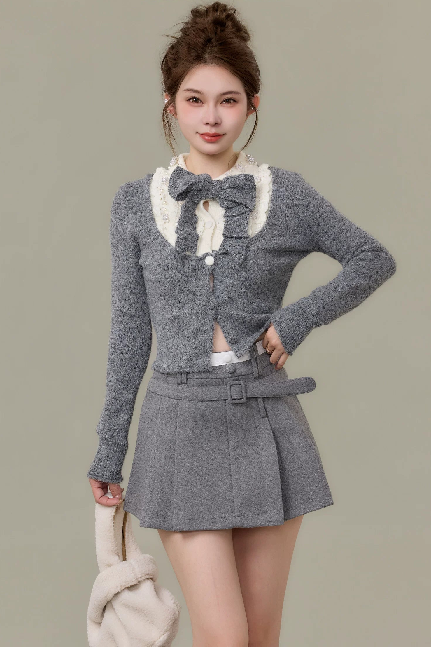 ribbon tie lace collar knit cardigan set DL1510