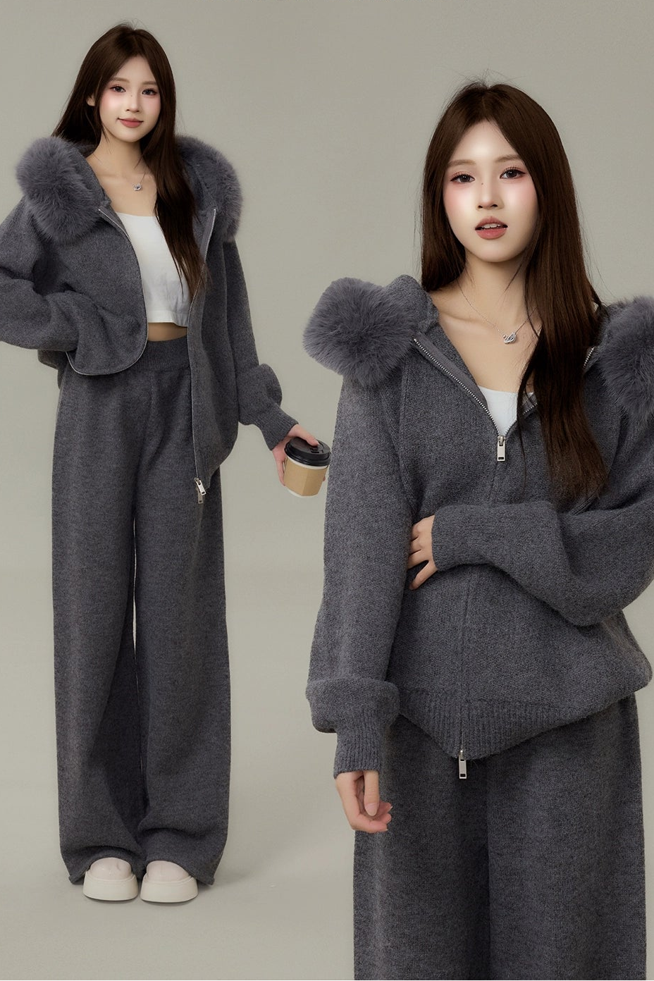 faux fur hoodie knit set DL1491