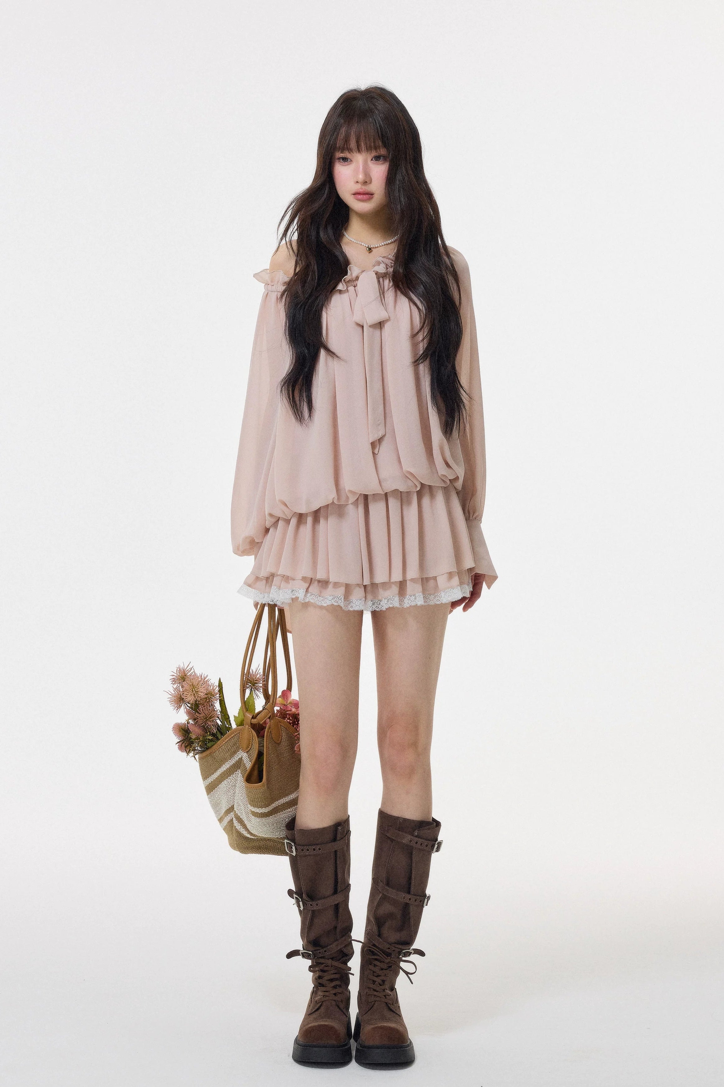 chiffon bow tie pleated mini one-piece DL1518