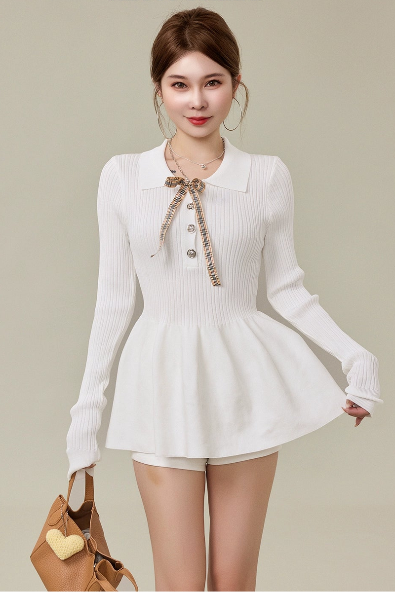 ribbon collar pearl button knit one-piece DL1487