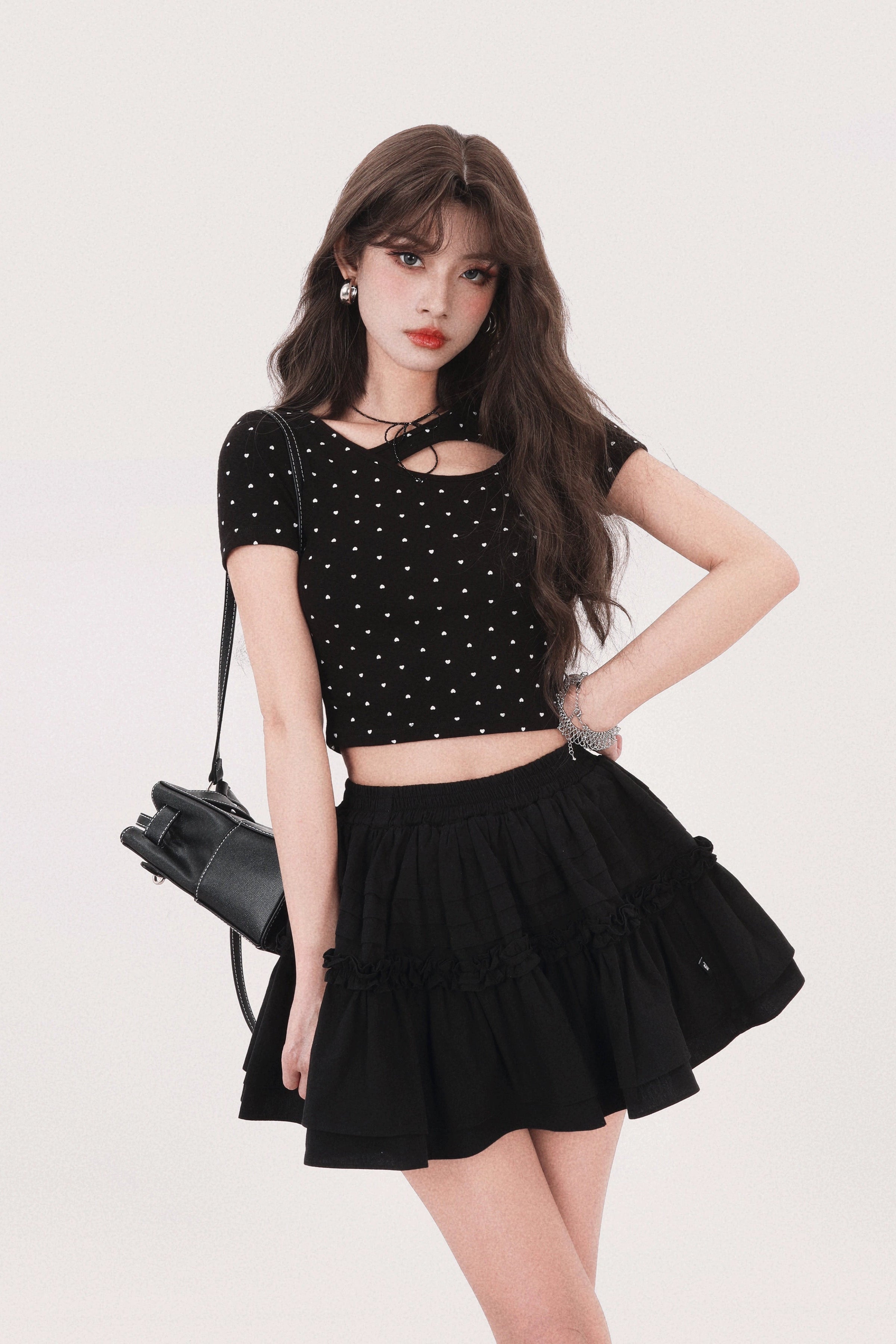 heart dot Ribbon open front tops DL1397