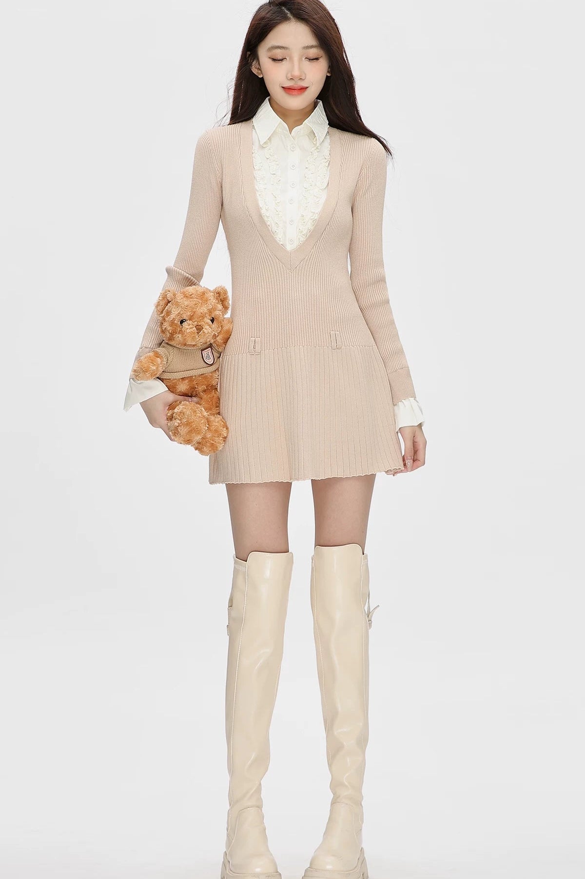 layered shirt frill v-neck knit one-piece DL1478