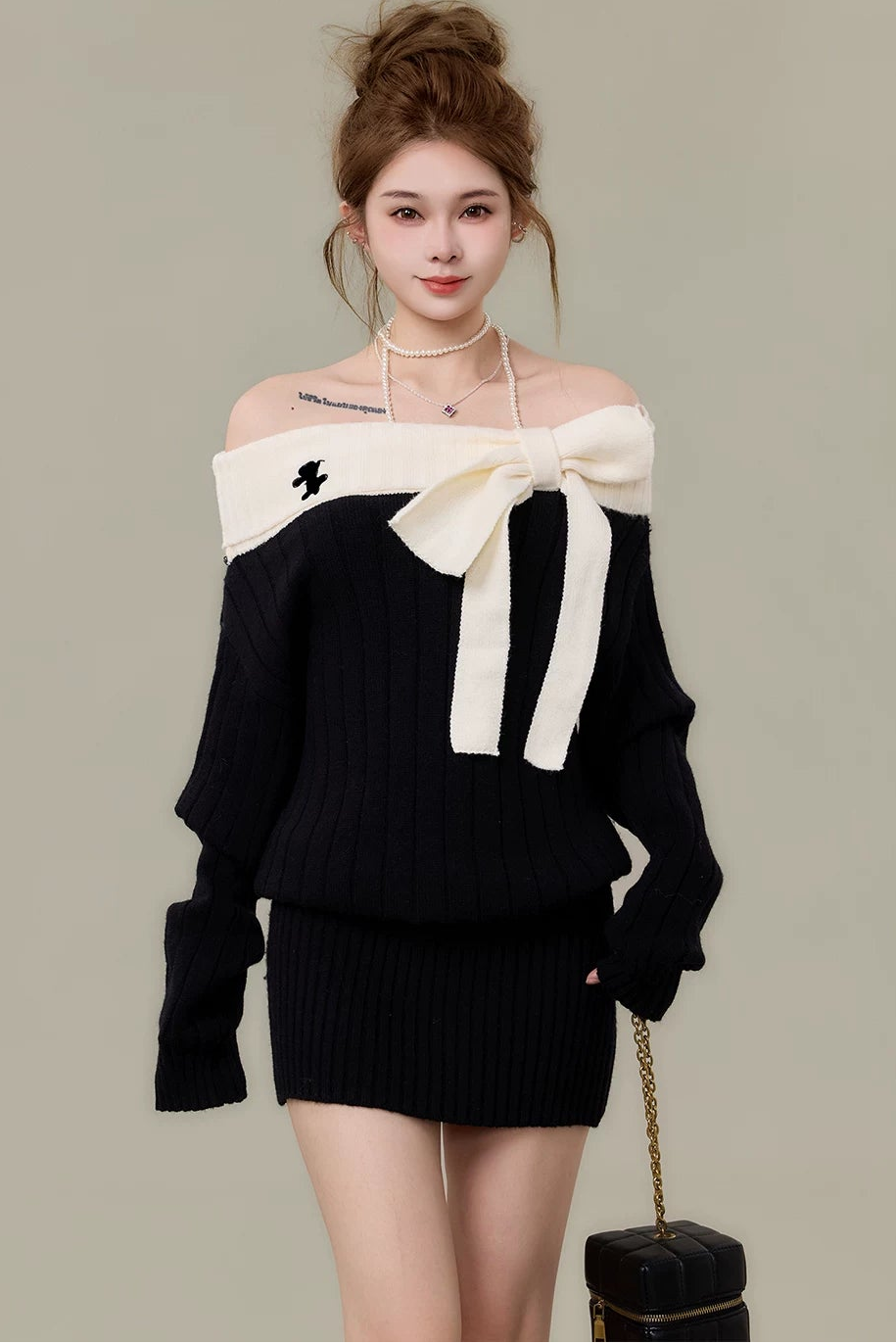 ribbon tie off-shoulder rib knit mini one-piece DL1501